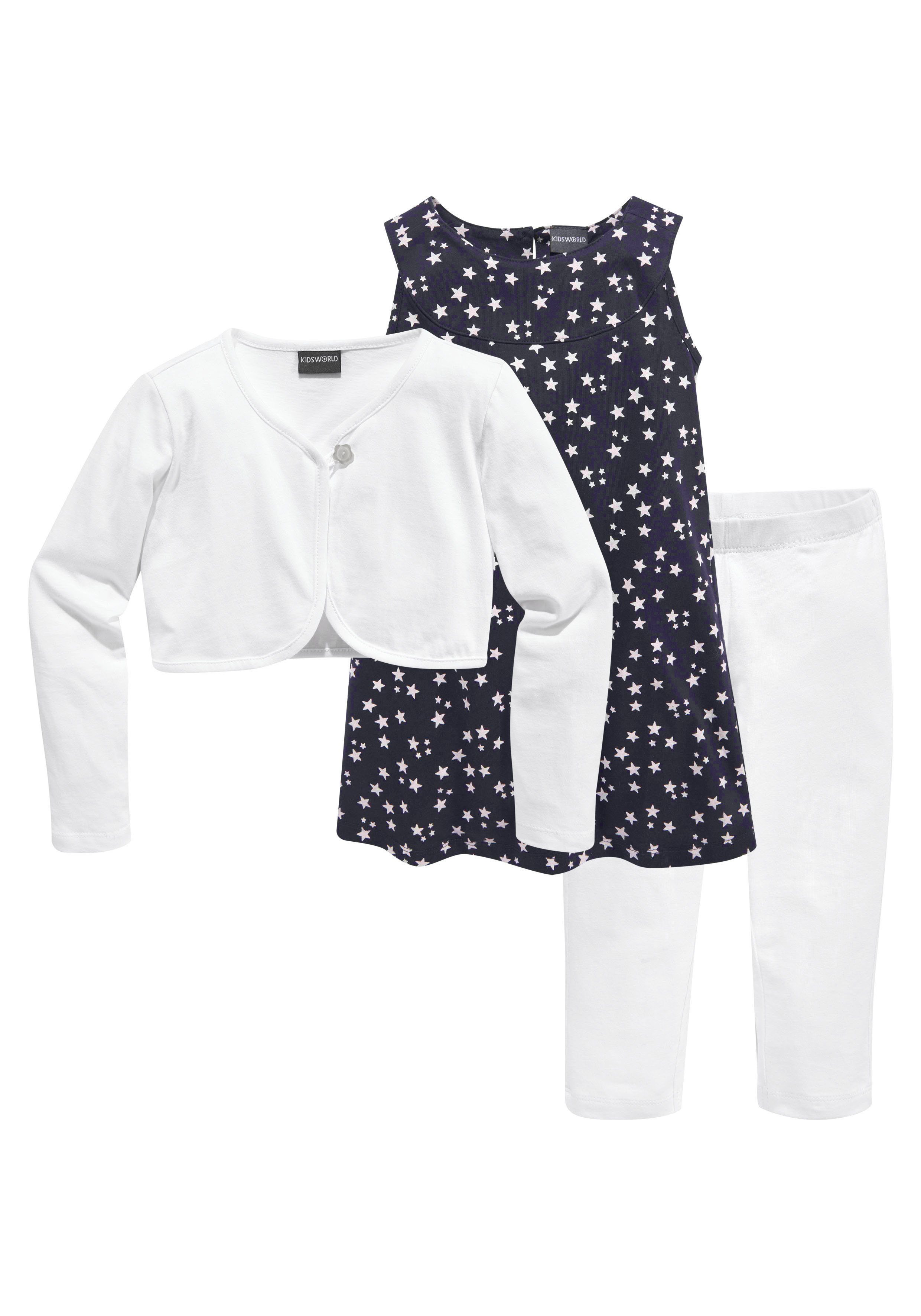 KIDSWORLD Bolero, Kleid & Leggings 3tlg. Set, Komplett Outfit mit Sternenmuster (Set, 3-tlg., 3) mit niedlicher Bolero-Jacke