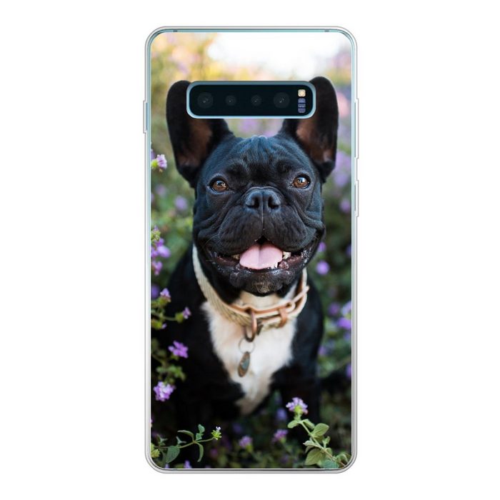 MuchoWow Handyhülle Französische Bulldogge - Blumen - Lila Phone Case Handyhülle Samsung Galaxy S10 Lite Silikon Schutzhülle