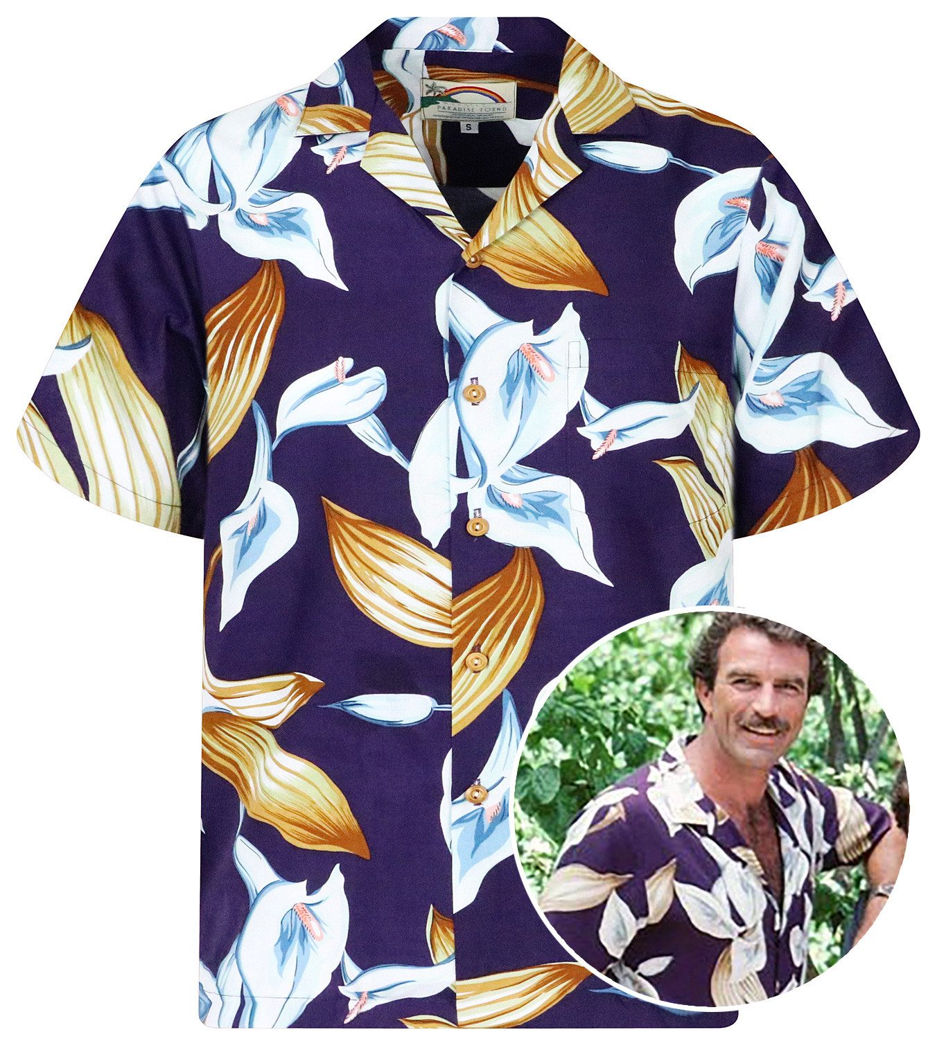 Hawaiihemd Tom Selleck Calla Lily Original Hawaiihemd Herren Kurzarm Front-Tasche