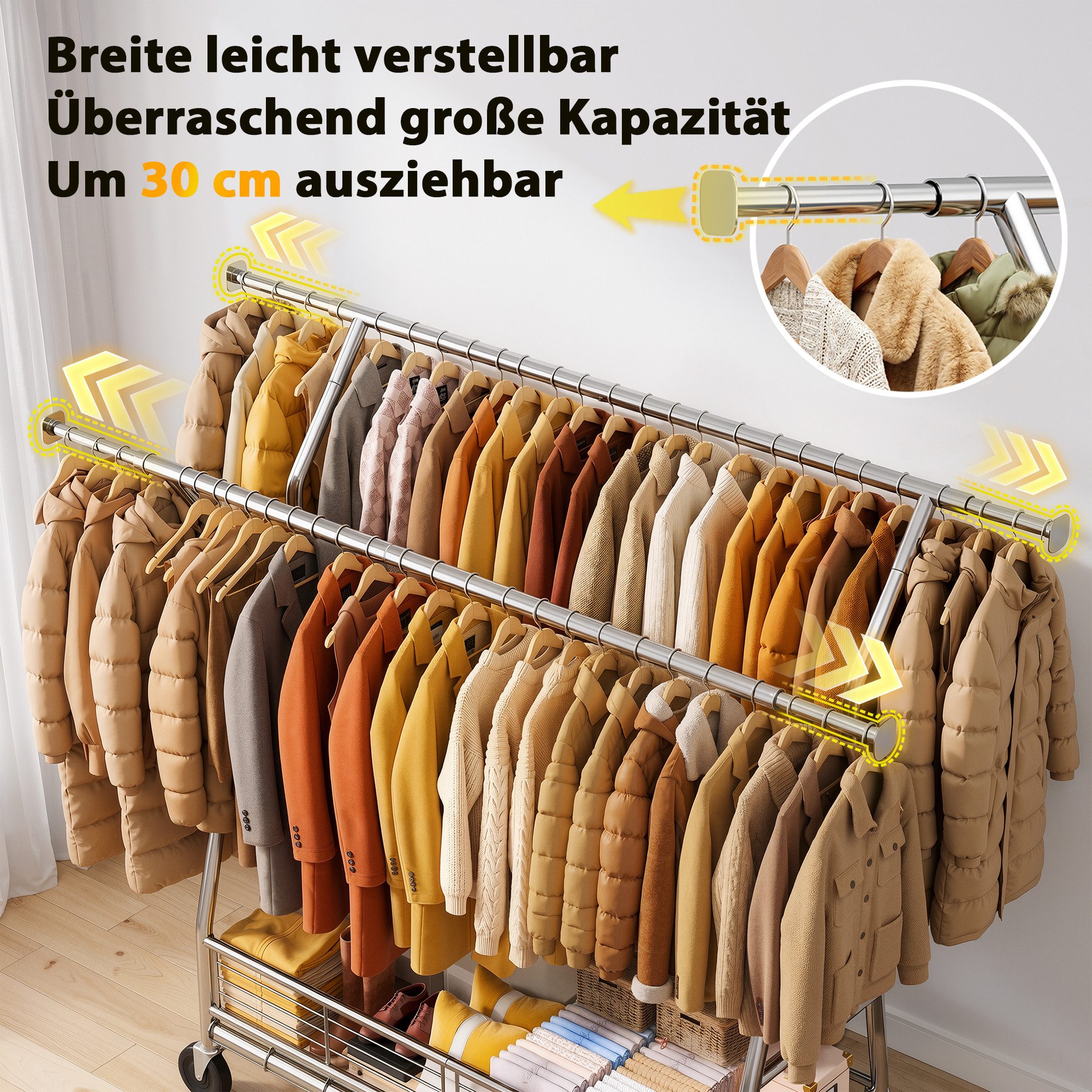 Klyvvo Kleiderständer auf Rollen mit Doppelstange & Netzkorb, 200 kg Schwerlast-Tragkraft, (1 St), reichlich Stauraum für Kleidung & Accessoires – Bild 3 von 5