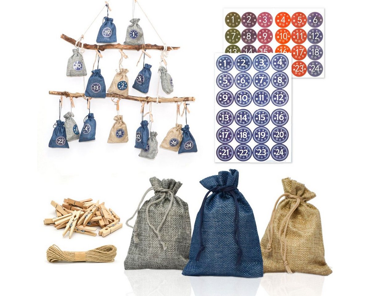 DuneDesign befüllbarer Adventskalender DIY Adventskalender Bastelset mit 24 Jutesäckchen, Nachhaltige Beutel mit Stickern und Zubehör zum Befüllen