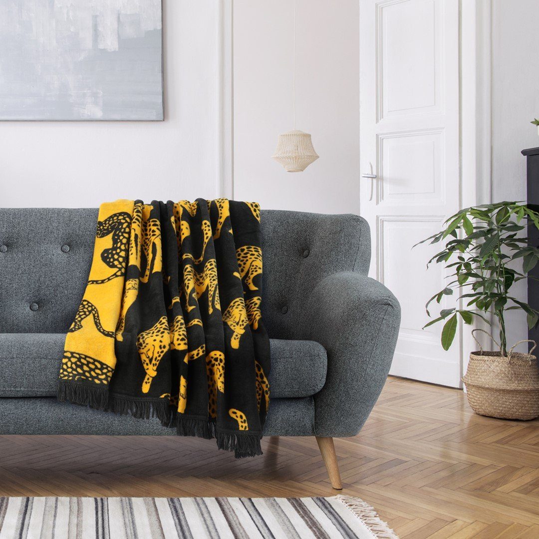 Wohndecke Decke Tagesdecke Baumwolle mit Fransen 150 x 200 cm Wohndecke, AmeliaHome Gelb Muster