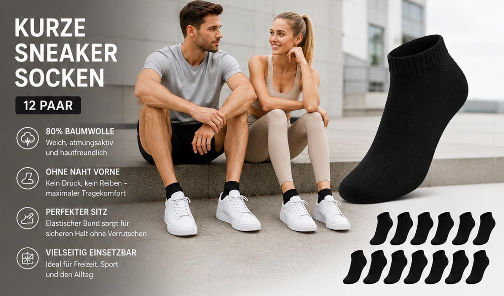 EloModa Sneakersocken 12 Paar Sneaker Socken Damen Herren Baumwolle ohne Naht (12-Paar) 12 Paar, ohne Naht vorne, hoher Baumwollanteil