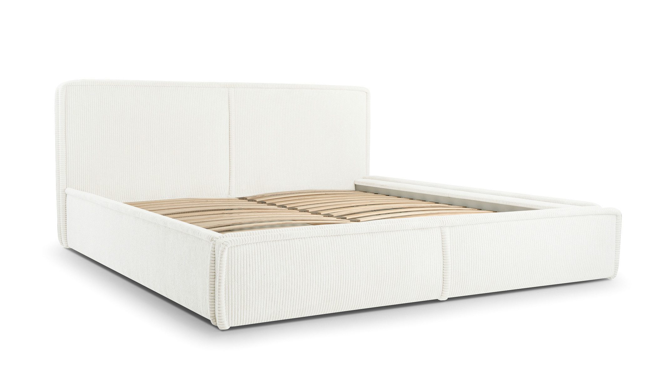MOEBLO Polsterbett Bett 04 (Bezug: aus Cord, Doppelbett mit Kopfstütze, Rahmenbettgestell, mit Bettkasten und Lattenrost), gepolstertes Kopfteil, mit Bettkasten