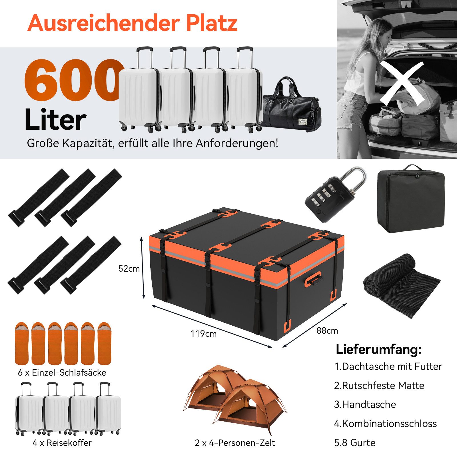 Puluomis Dachbox Auto 600L Faltbar Wasserdicht mit Türhaken, Schloss, 8 robuste Gurte, (500D Dachtasche Dachkoffer, für Autos mit/ohne Gepäckträger)