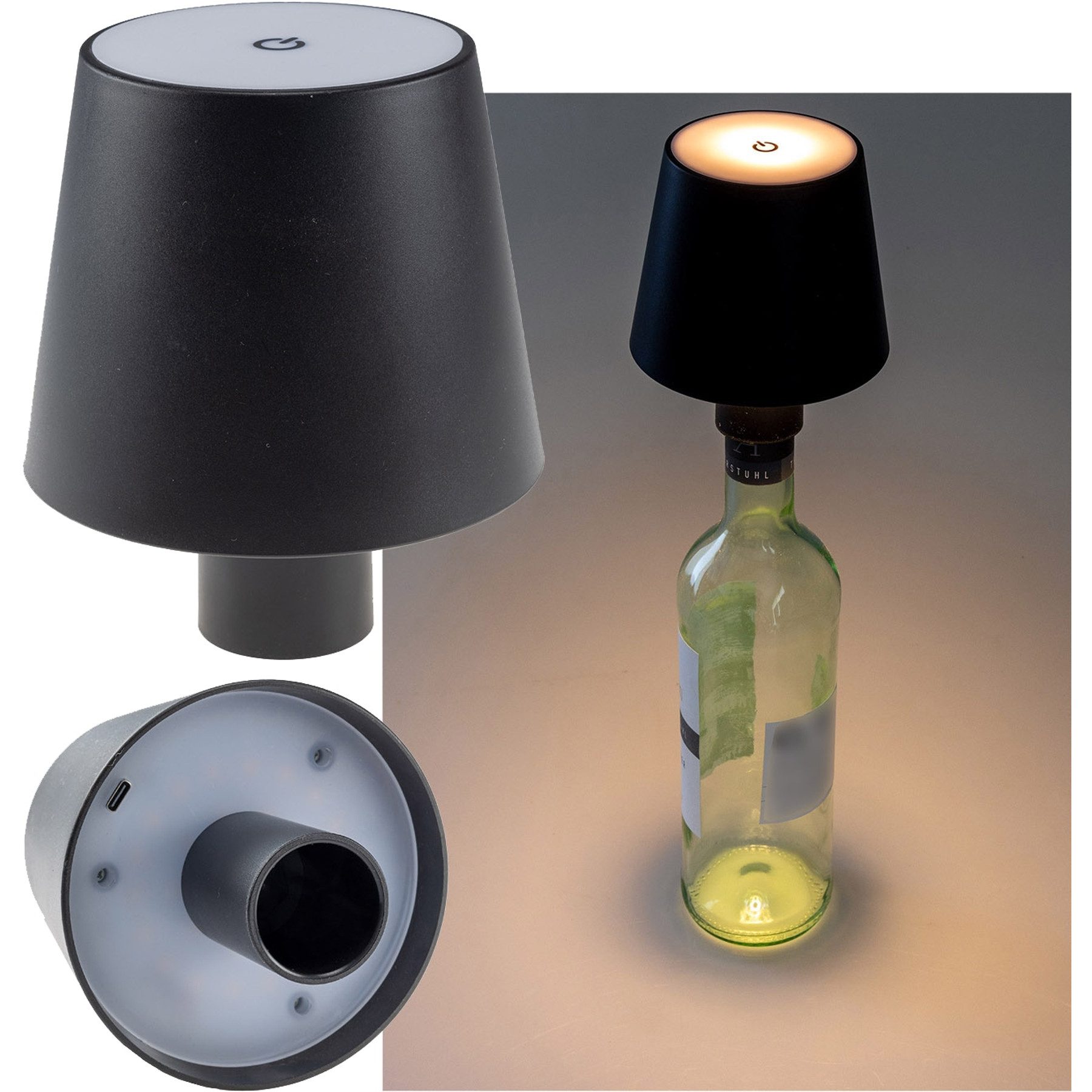ChiliTec LED Dekolicht CHILITEC LED Akku Flaschenleuchte 3000K, dimmbar, schwarz