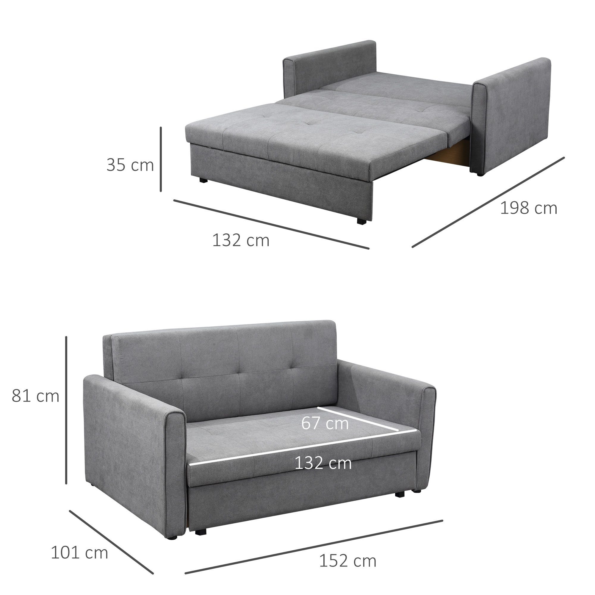 Sofa HOMCOM Bettfunktion, mit Schlafsofa 1 Stauraum, mit Polycotton, Polstersofa Holz Sofa Wohnzimmer, Schlafcouch, für Teile, 2-Sitzer