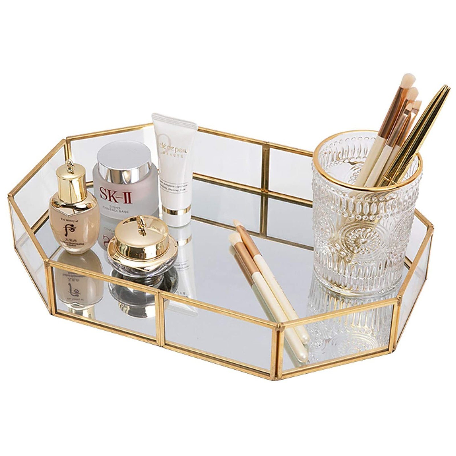 zggzerg Make-Up Organizer Verspiegeltes Tablett aus goldfarbenem Glas, Make-up-Tablett