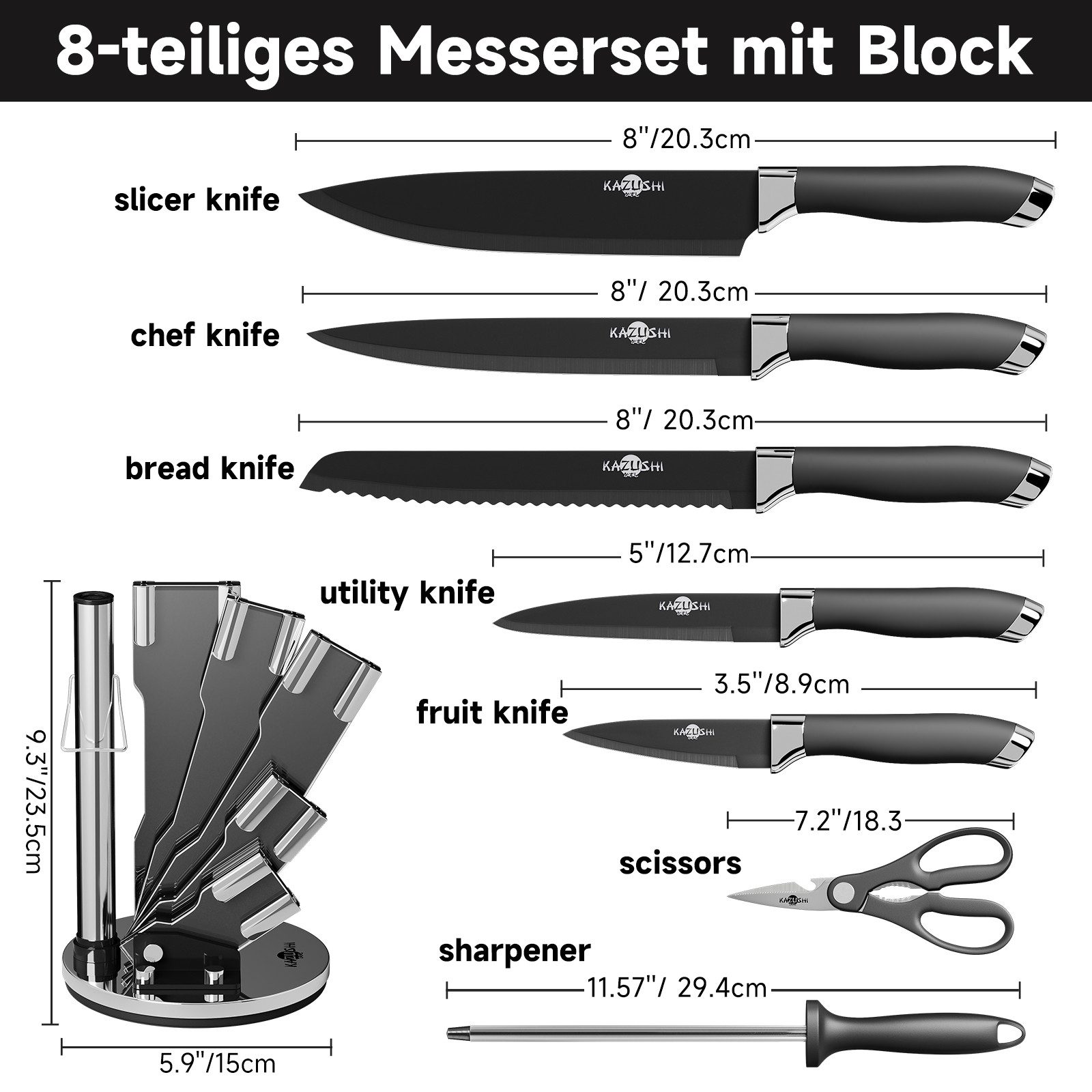 KAZUSHI Messer-Set 9/ 8/7/6teilig Messerblock Messerset Küchenmesser Set Profi Kochmesser (8-tlg), Edelstahl hochwertiges SelbstschärfenMesser Küchenmesser Set – Bild 2 von 5