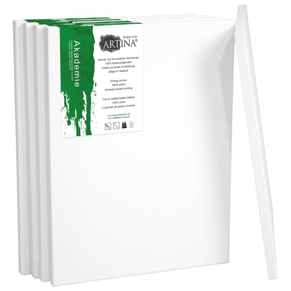 Artina Keilrahmen Keilrahmen Leinwand Akademie, 40x40cm, 5er Set, 100% Baumwolle Leinwände 280 g/m² für Acrylfarben Canvas