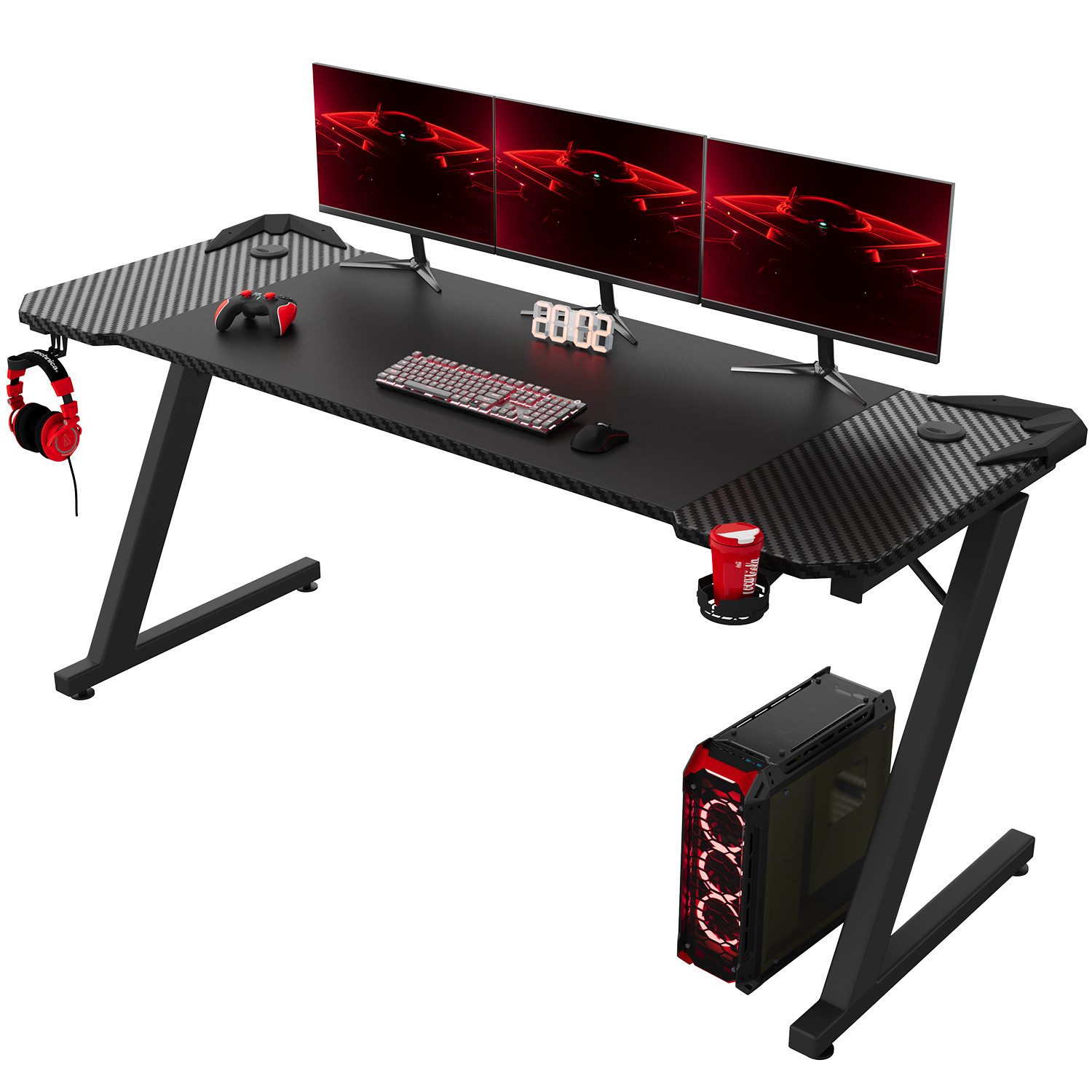 GUNJI Gamingtisch 80/120/140cm Gaming Schreibtisch PC Tisch Z-förmiger (Ergonomischer Gaming Tisch,mit Kopfhörerhaken)