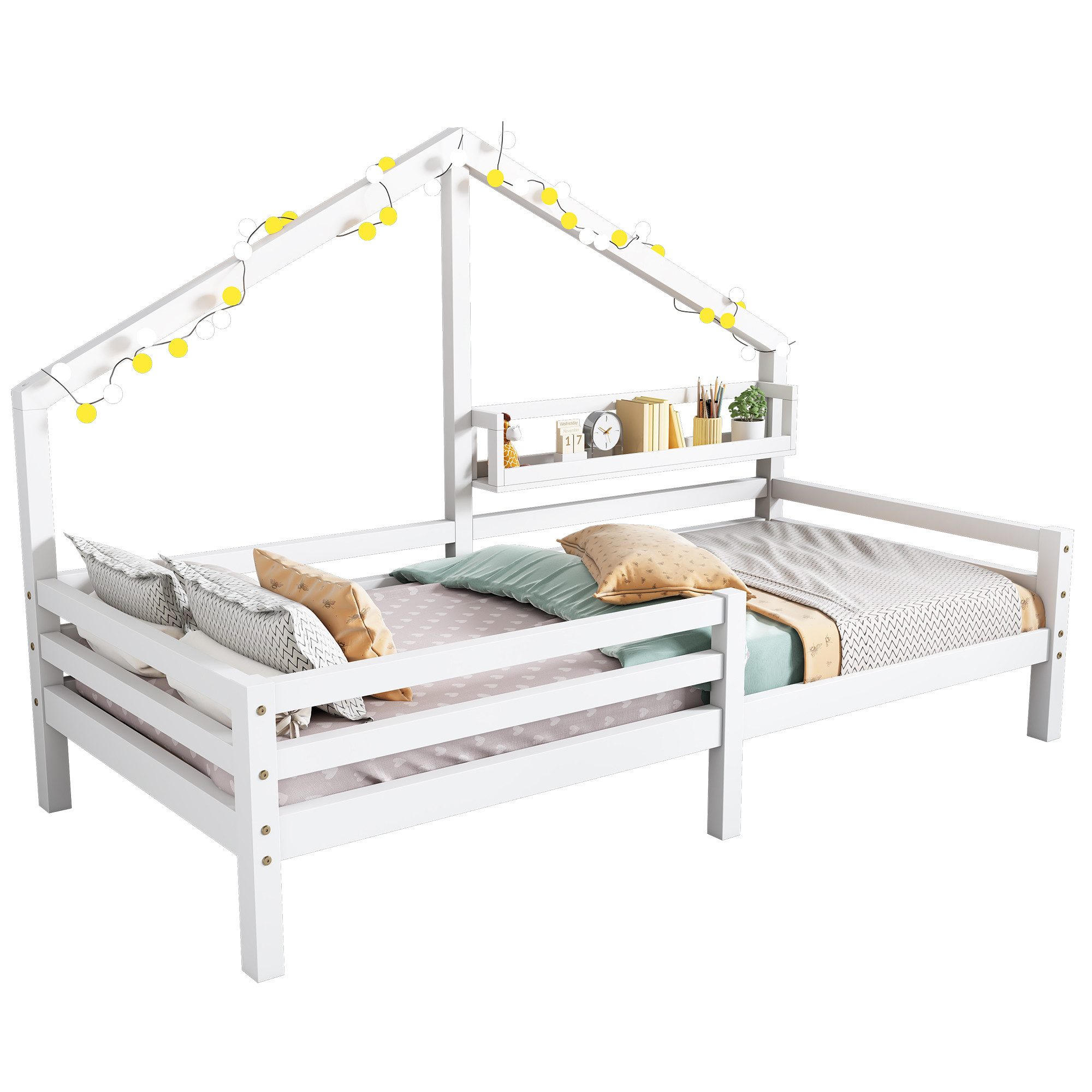 Flieks Kinderbett, Massivholz Einzelbett Hausbett mit Ablageregal 90x200cm