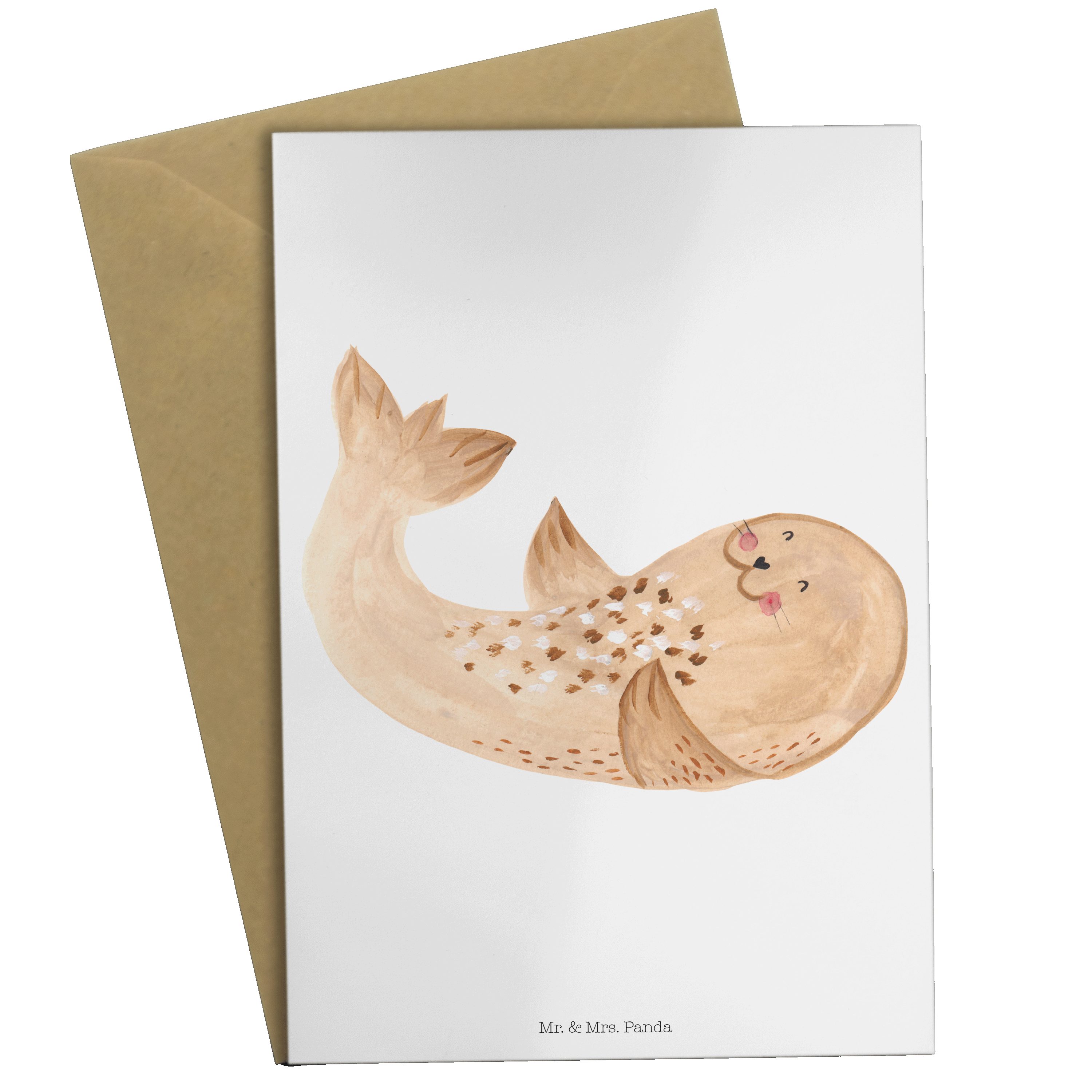 Mr. & Mrs. Panda Grußkarte Robbe liegend - Weiß - Geschenk, Seehund, Geburtstagskarte, Klappkart