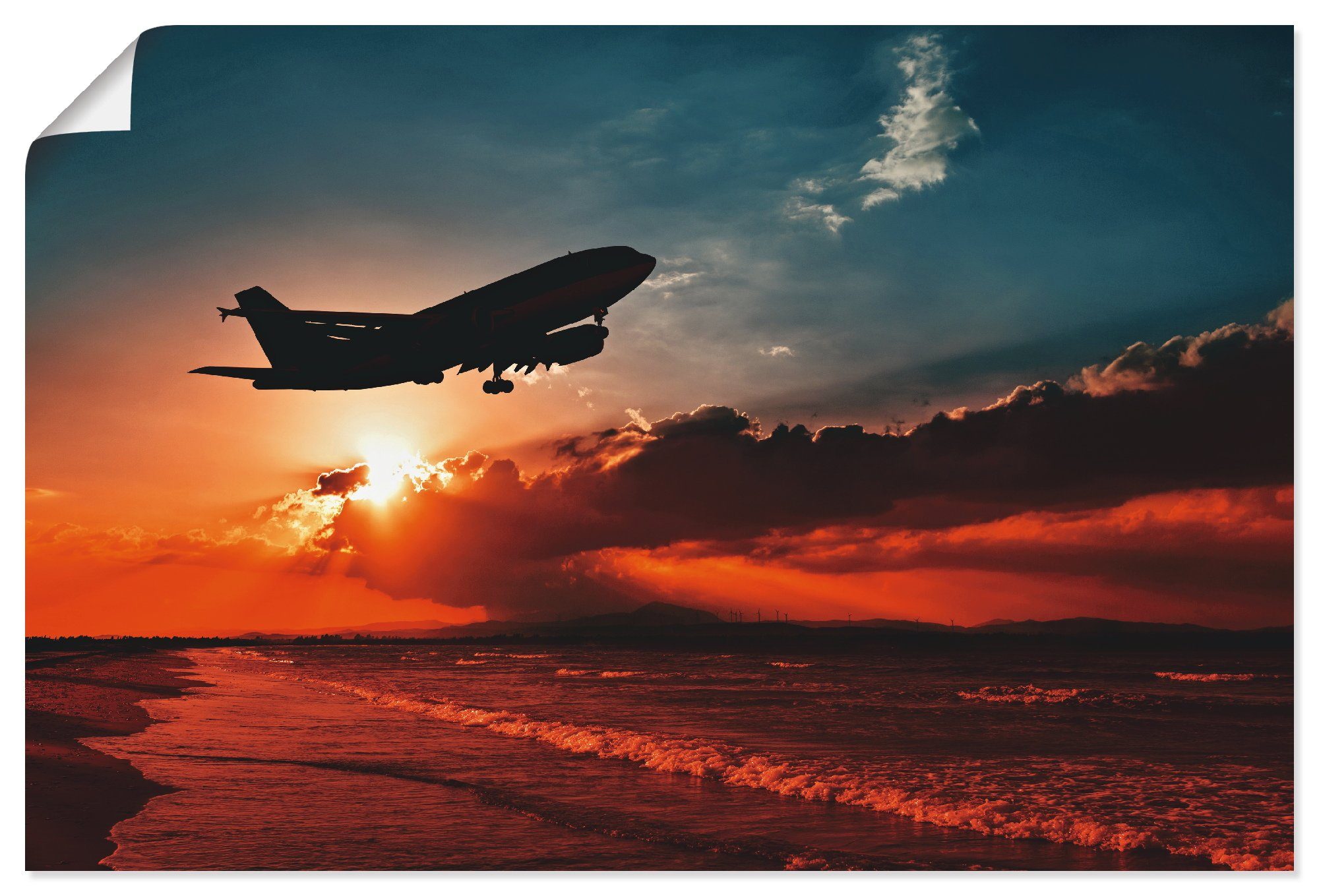 Linienflugzeug Artland Startendes Flugzeuge Wandbild am St), Wandaufkleber Abendhimmel, Alubild, versch. Helikopter Leinwandbild, & als (1 Größen oder Poster in