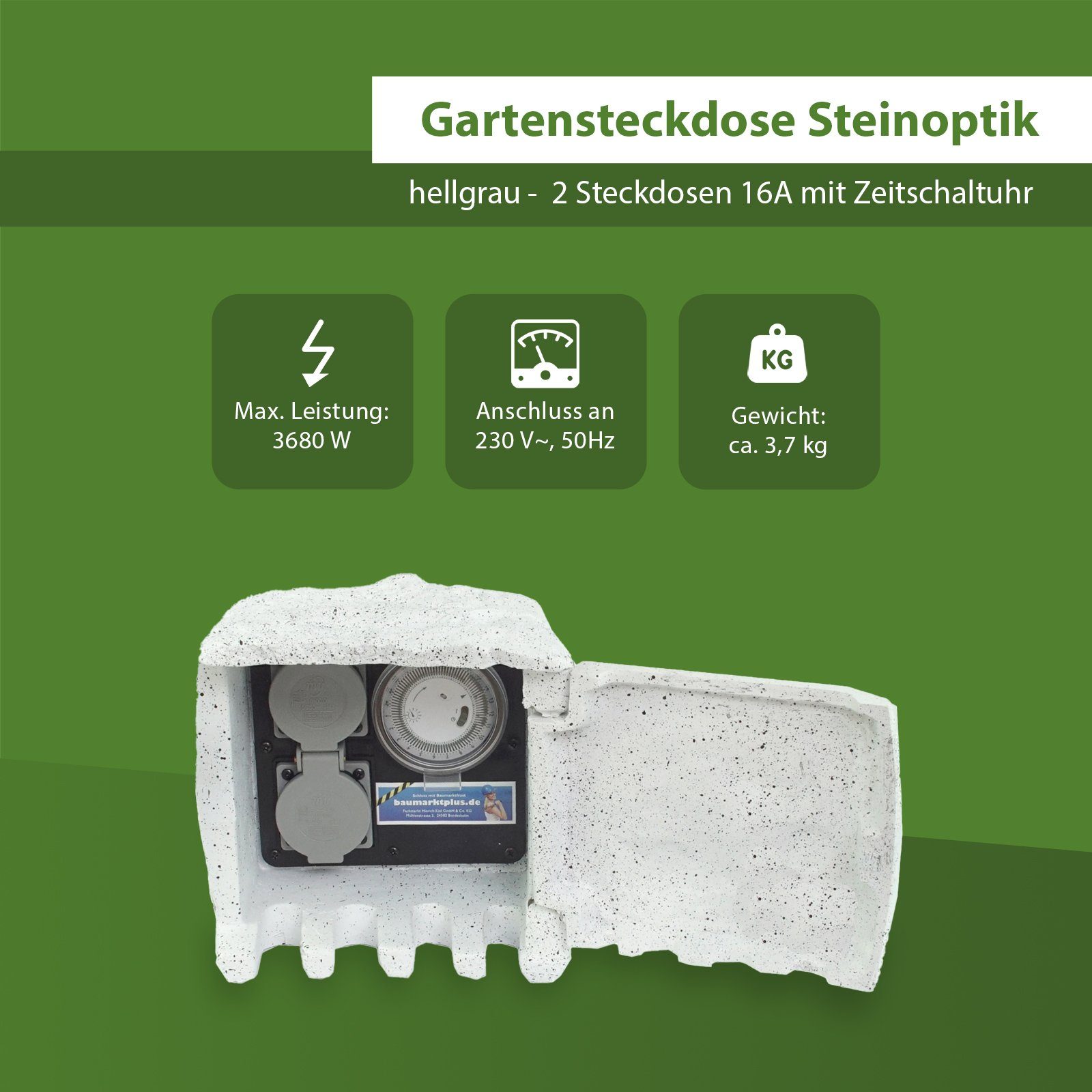 TRUTZHOLM Gartensteckdose Gartensteckdose Stein Optik 2 Steckdosen Zeitschaltuhr 4 Steckdosen, Produkt, 1-St. hellgrau