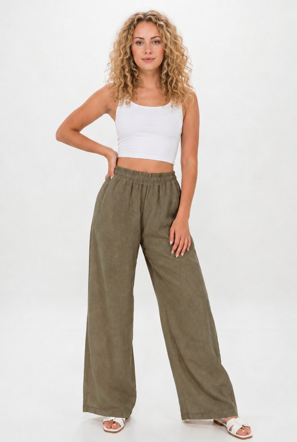 Kendindza Collection Leinenhose Sommerhose Damen leicht Locker weite Leinenhose Sommer Hose lang 100% Leinen, elastischer Gummibund, weites Bein Palazzo-Schnitt