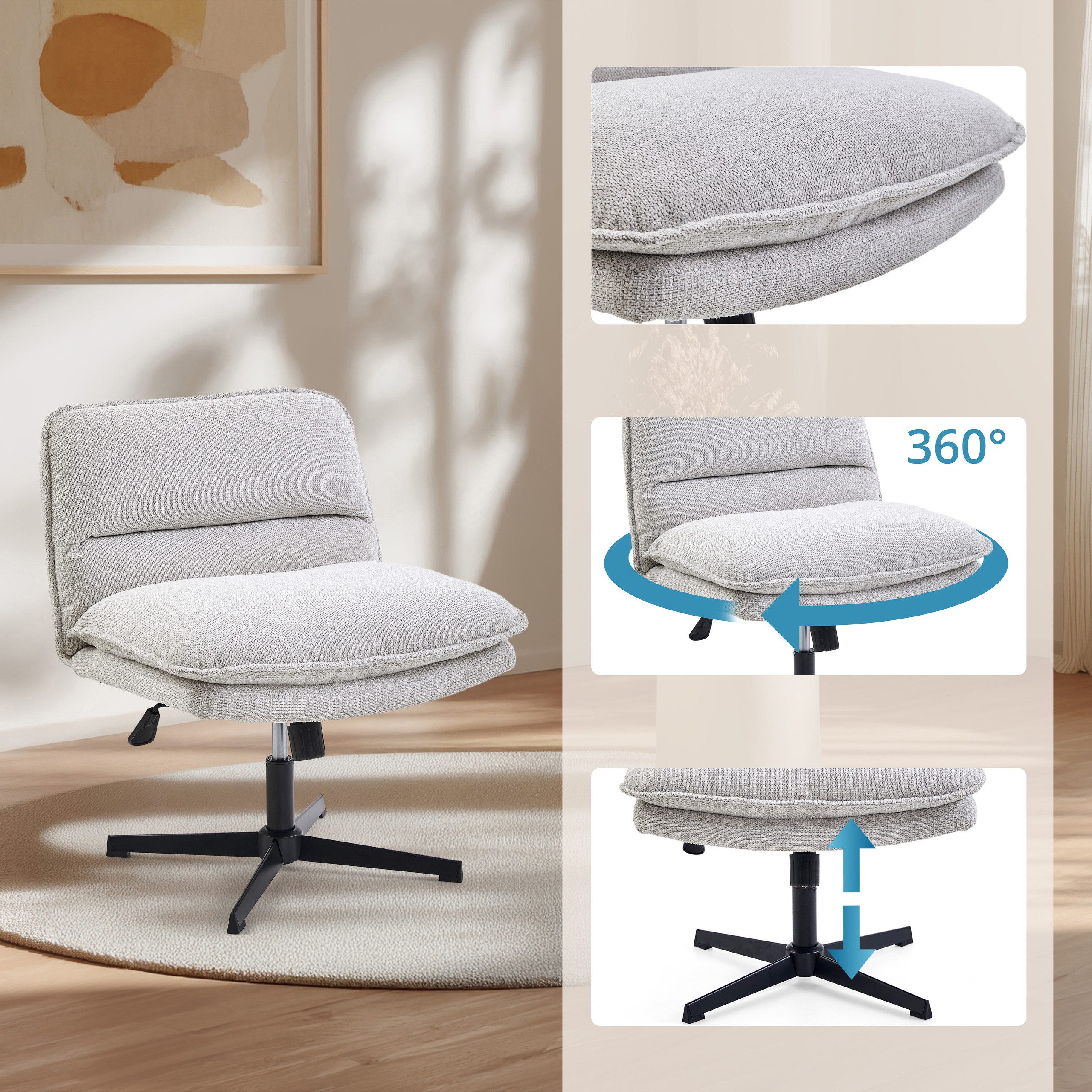 hjh LIVING Loungesessel Criss-Cross 20 Polstersessel Stoff ohne Armlehnen, Bürostuhl, Schneidersitz Stuhl drehbar für Wohnzimmer Home-Office