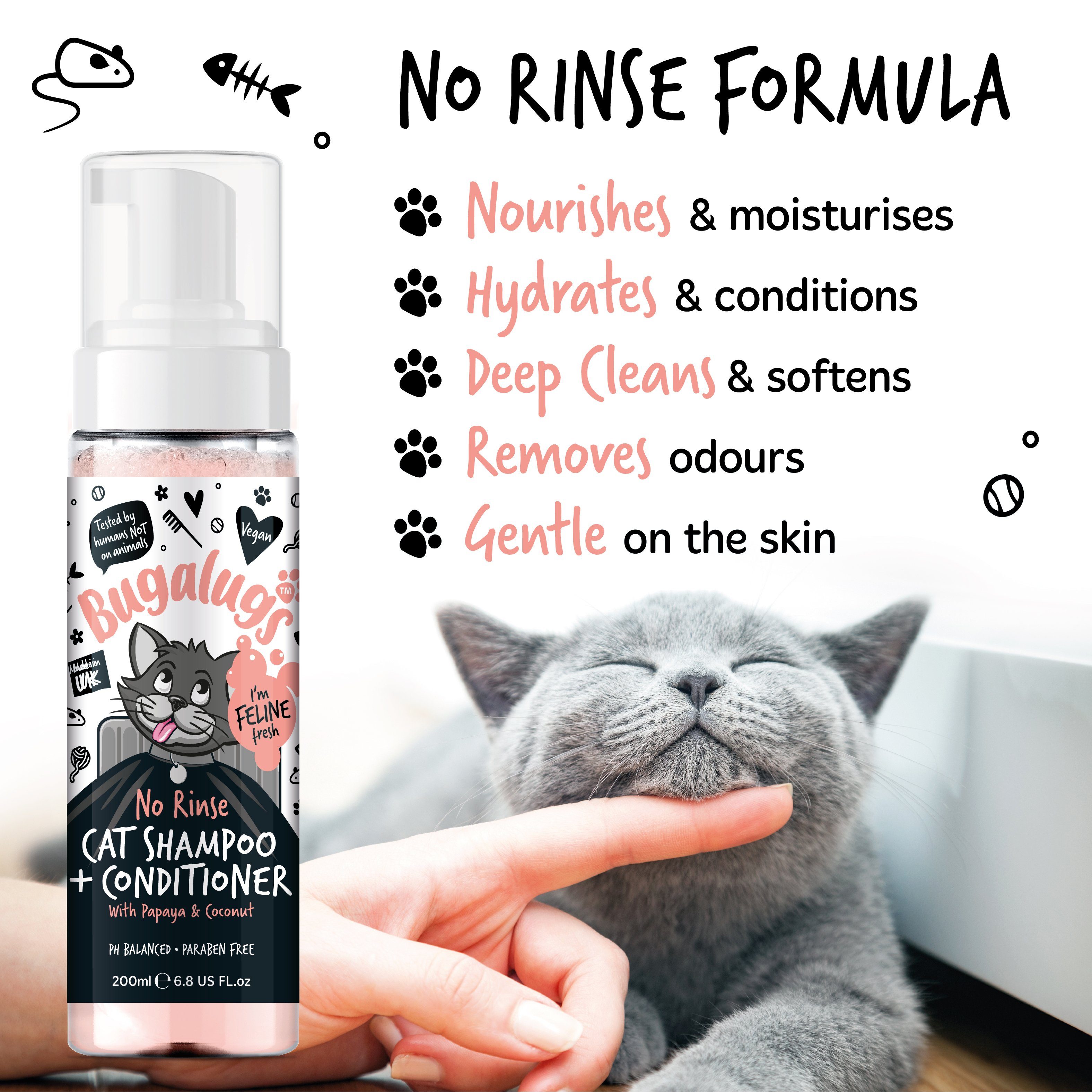Bugalugs Fellpflege Bugalugs Katzenshampoo 2 in1 ohne Wasser 200ml, 200 ml, (1-St), ph neutral, Katzenshampoo, Lake District von Bugalugs