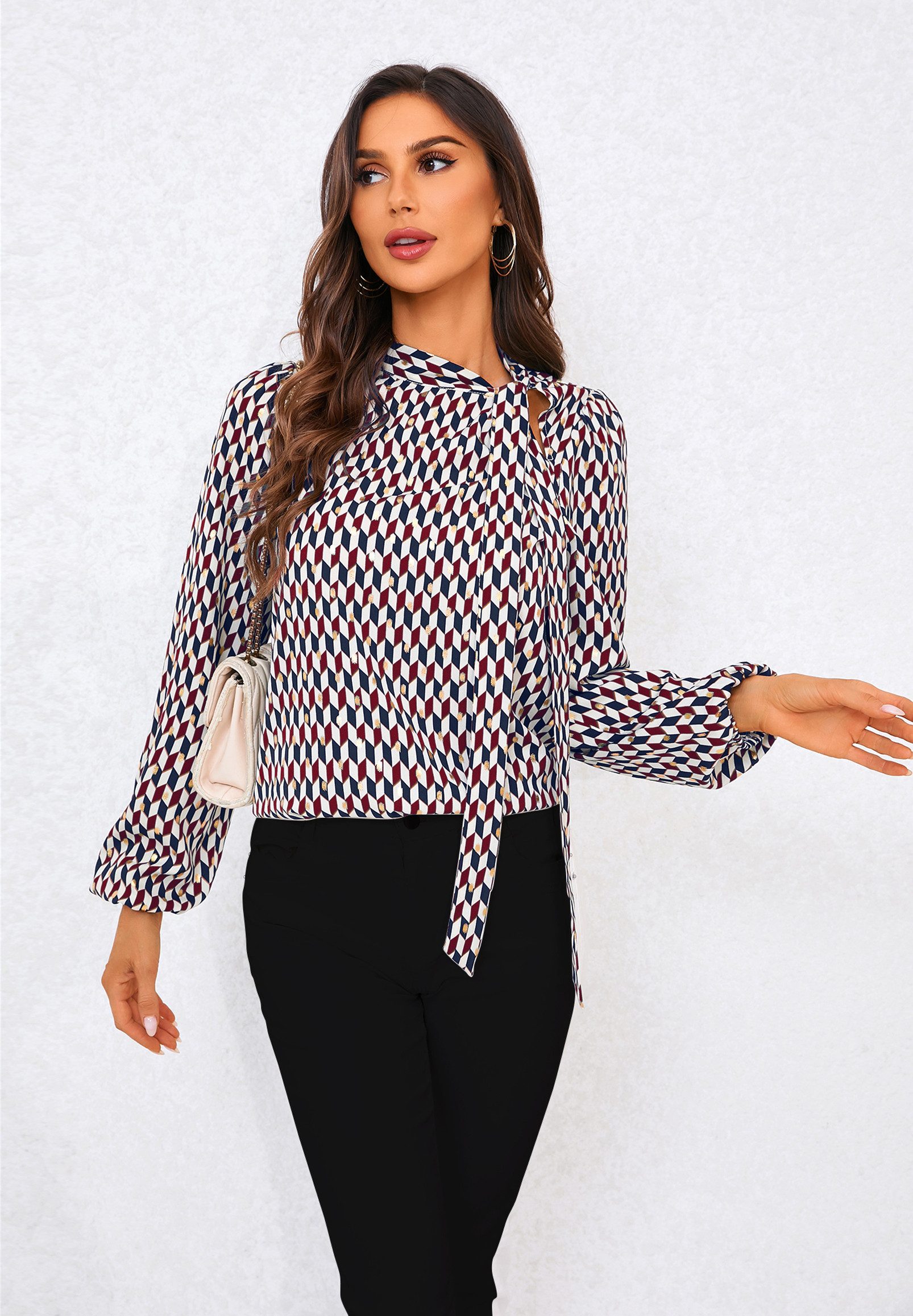 FS Collection Langarmbluse Damen Bluse - Blusenoberteil mit Geoprint und seitlicher Bindeschleif (XS (UK 8 / EU 36) S (UK 10 / EU 38) M (UK 12 / EU 40) L (UK 14 / EU 42) XL (UK 16 / EU 44), 4 Farben : Grüngeo, Blaugeo, Olivegeo und Winegeo) Leicht, Glatt, Atmungsaktiv und Formbeständig
