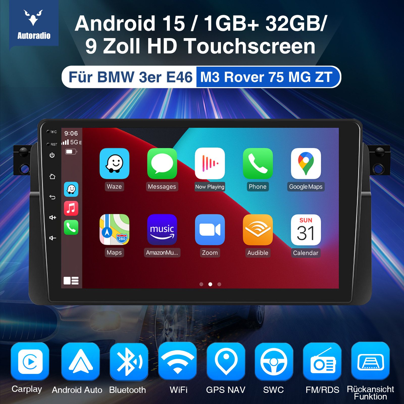 ESSGOO DAB+ 64/128G 9'' Android15 Carplay GPS RDS Für 3er BMW E46 318 320 325 Autoradio (Digitalradio (DAB), RDS, AM, FM, 4+64GB(optional), 4+128GB(optional), Carplay Android Auto Bluetooth EQ USB GPS Navi WIFI Touchscreen)