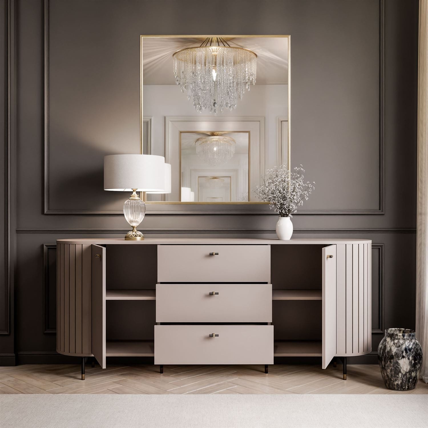 yourhouse24 Sideboard LINNEA 190cm 2D3S Runde Ecken Lamellen Kaschmir/Schwarz – Bild 3 von 5