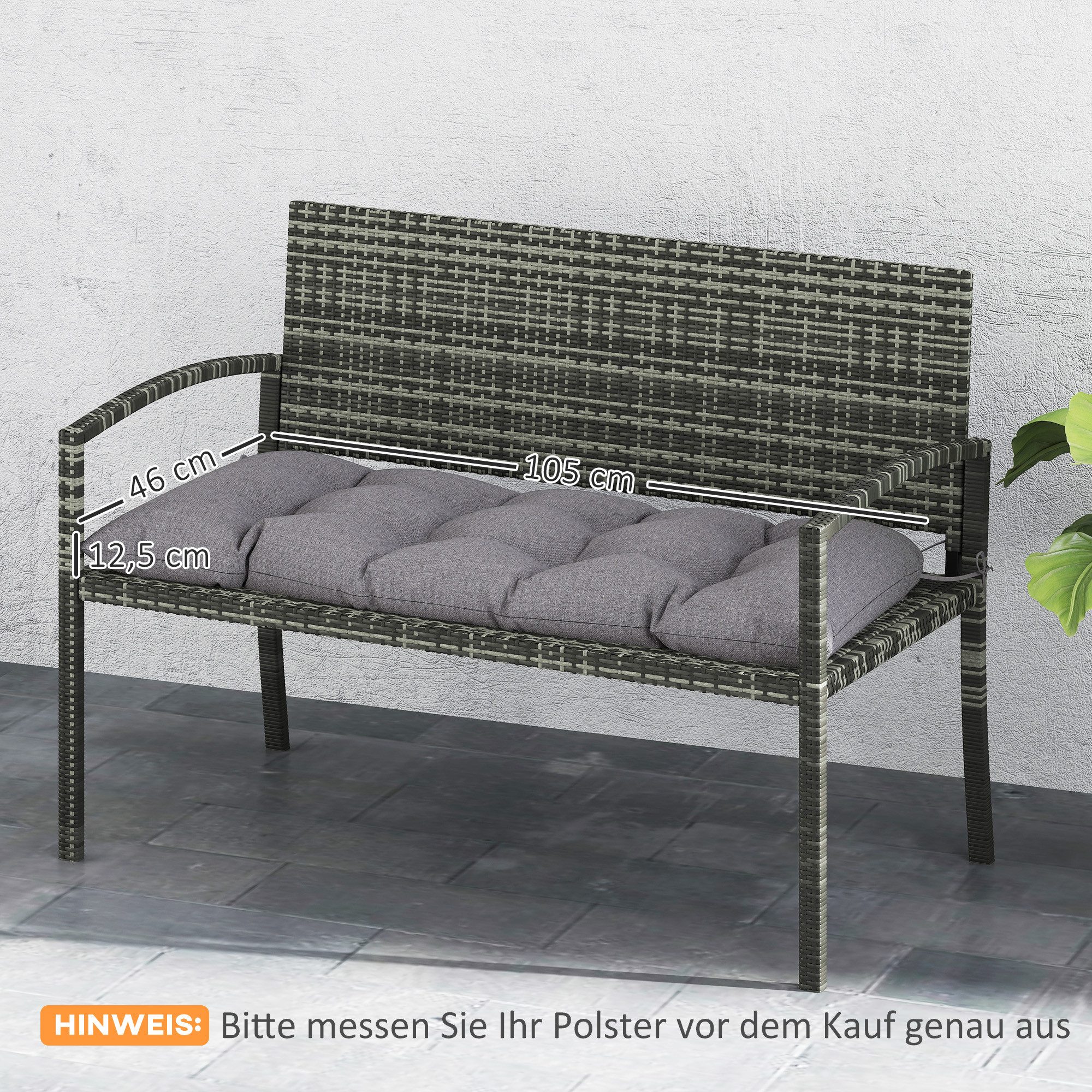 Outsunny Bankauflage mit Bändern, wasserabweisend, UPF50+, (Bankkissen, 1 St., Outdoor Sitzkissen), für Gartenmöbel, Sitzbank, 105 x 46 x 12,5 cm, Grau