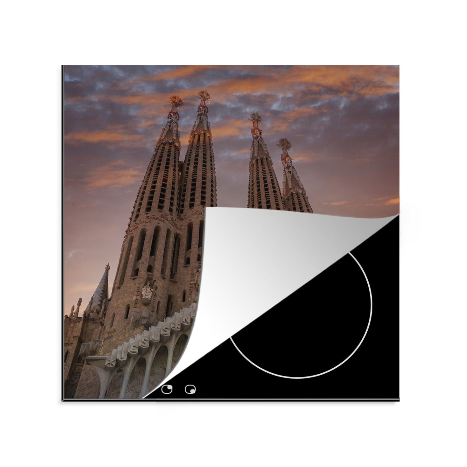 78x78 (1 Herdblende-/Abdeckplatte küche Arbeitsplatte MuchoWow Ceranfeldabdeckung, Sagrada bei cm, Die Kathedrale Barcelona Sonnenuntergang, in für tlg), Vinyl, Familia