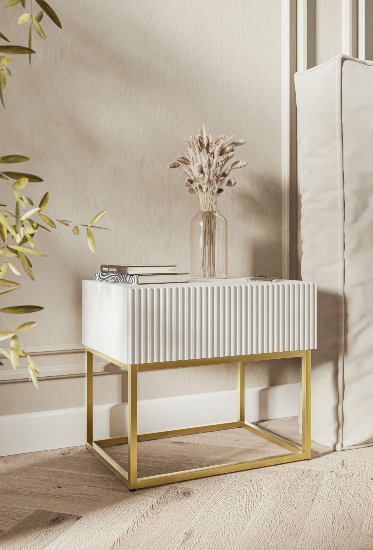 Selsey Nachttisch VELDIO, mit Schublade, gefräster Front und Metallbeinen, 50 cm
