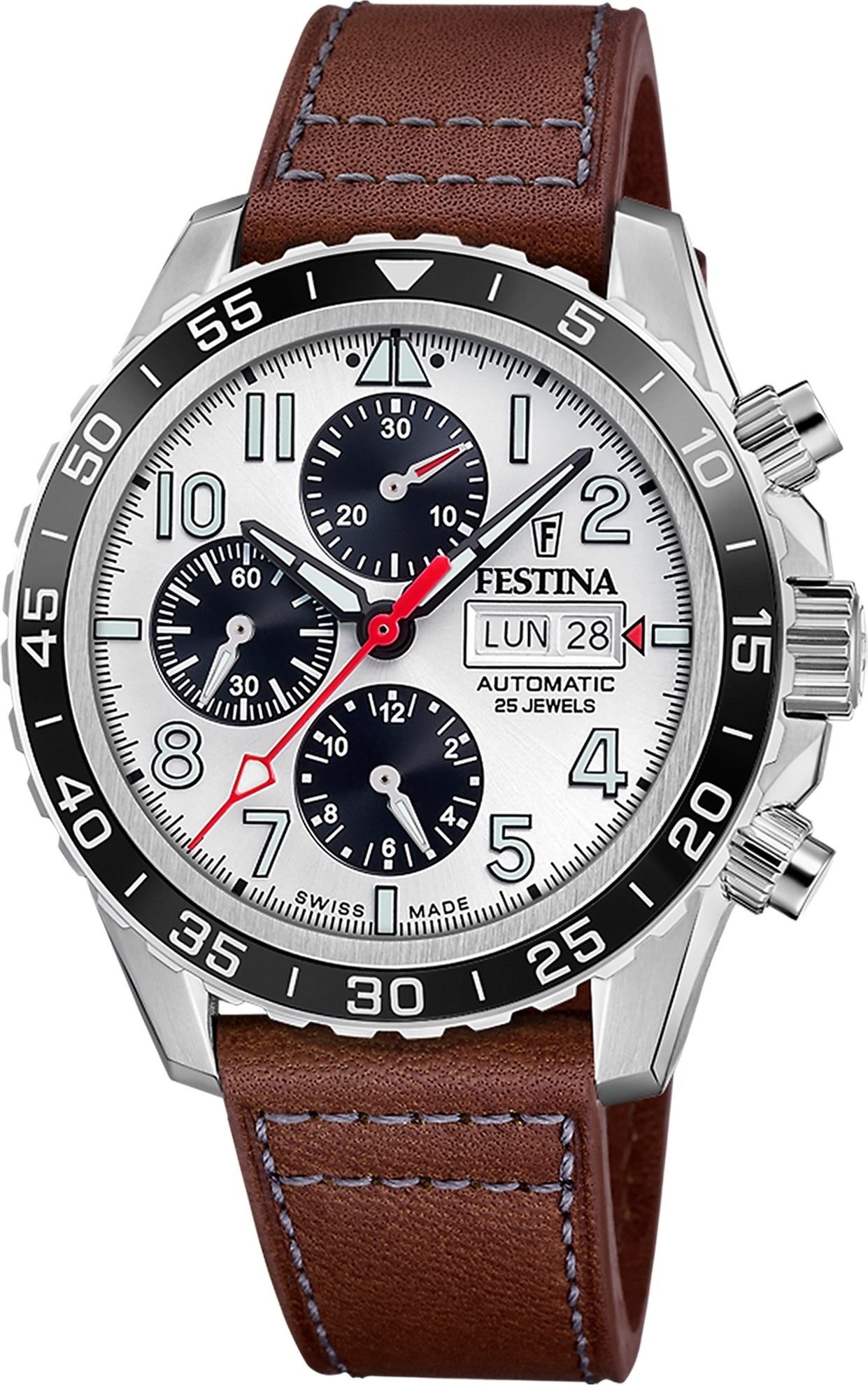 Festina Multifunktionsuhr Festina Herrenuhr Swiss Made Armbanduhr, (Multifunktionsuhr), Herren Armbanduhr rund, Lederarmband braun, Elegant