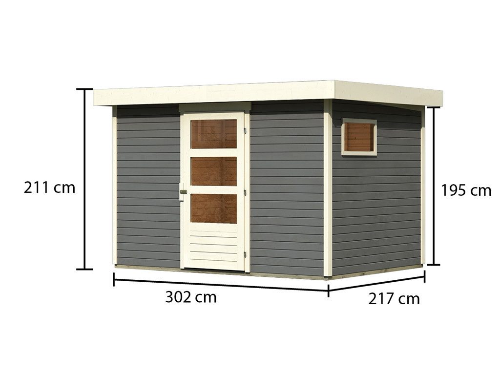Karibu Gartenhaus Gartenhaus Bielefeld 2 19 mm terragrau, BxT: 330x238 cm, 19 mm Wandstärke, Einzeltür mit Kunstglas-Einsätzen