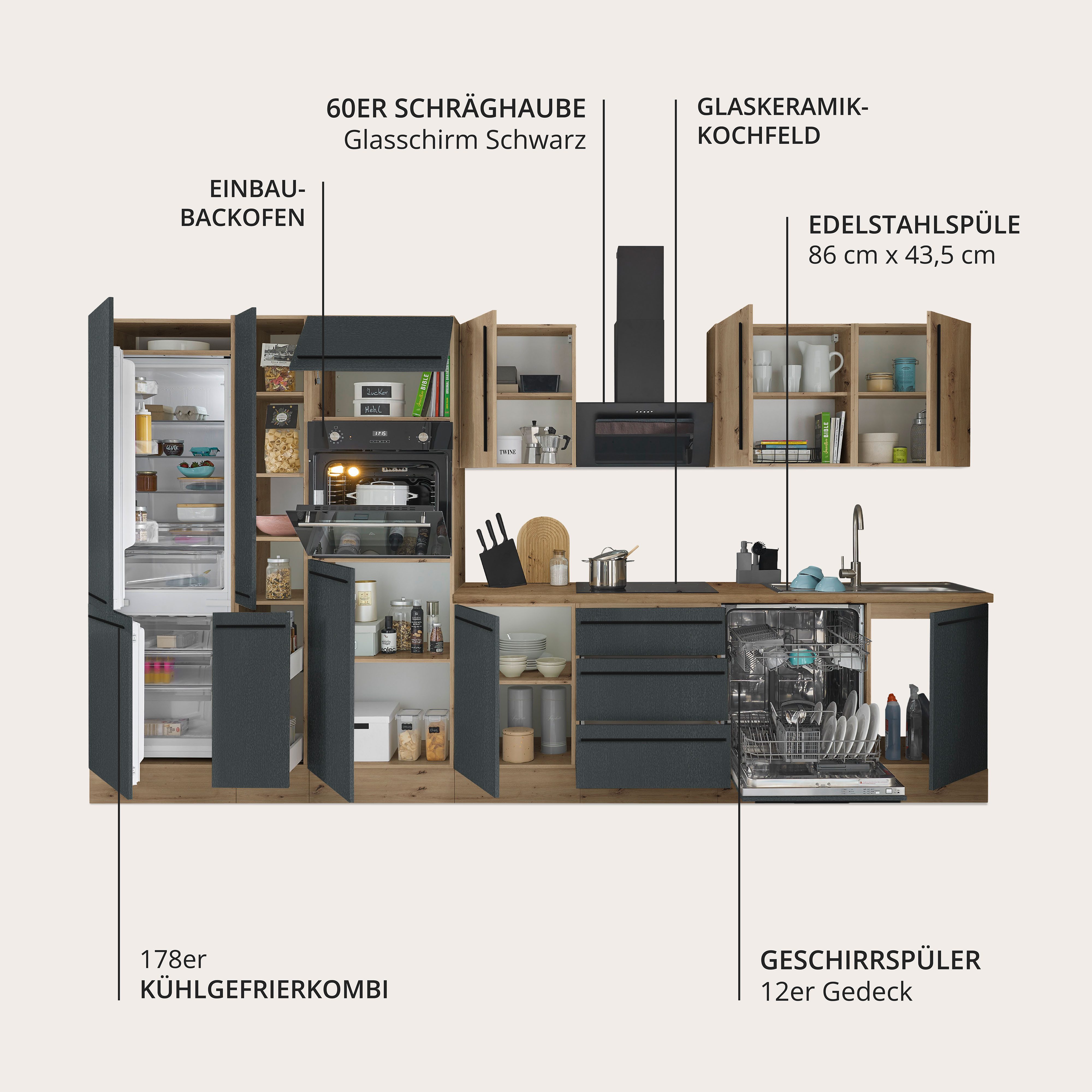 KOCHSTATION Küchenzeile Florida, Breite 370 cm, wahlweise mit E-Geräten,Softclose für Türen/Schubkästen
