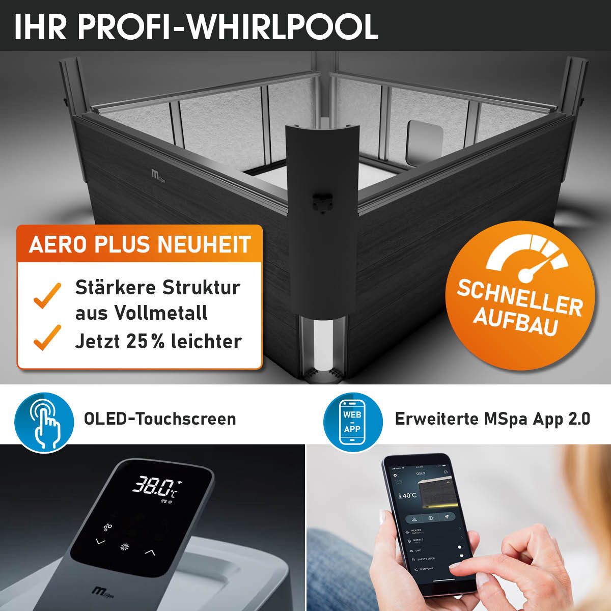 BRAST Whirlpool MSpa Oslo & Amber Aero Plus mit Fester Außenwand inkl. LED-Beleuchtung, (für 6 Personen, 180x180x65cm, 140 Massagedüsen), Ganzjähriger Einsatz Winterfest, In & Outdoor Pool