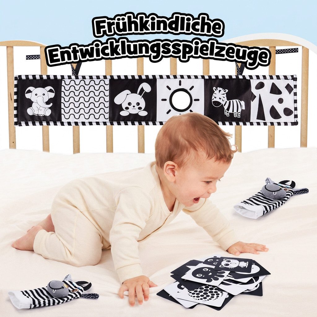 Wootoy Lernspielzeug Baby Spielzeugset Sensorikspielzeug Schwarz-Weiß-Karten (mit Nestanhänger Handgelenkbändern Aufbewahrungsbeutel, atmungsaktives Material mit Klettverschluss und Befestigungsbändern), Ideal für Babybett Kinderwagen und Autosit