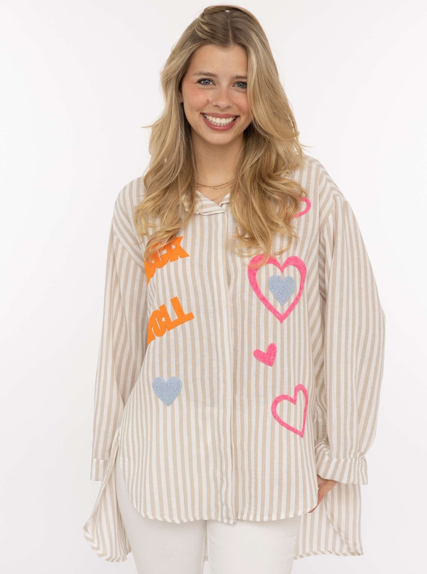 Zwillingsherz Hemdbluse "Rock n' Roll Patches" gestreift, länger geschnitten, auffallende Teddy-Patches, Knopfleiste
