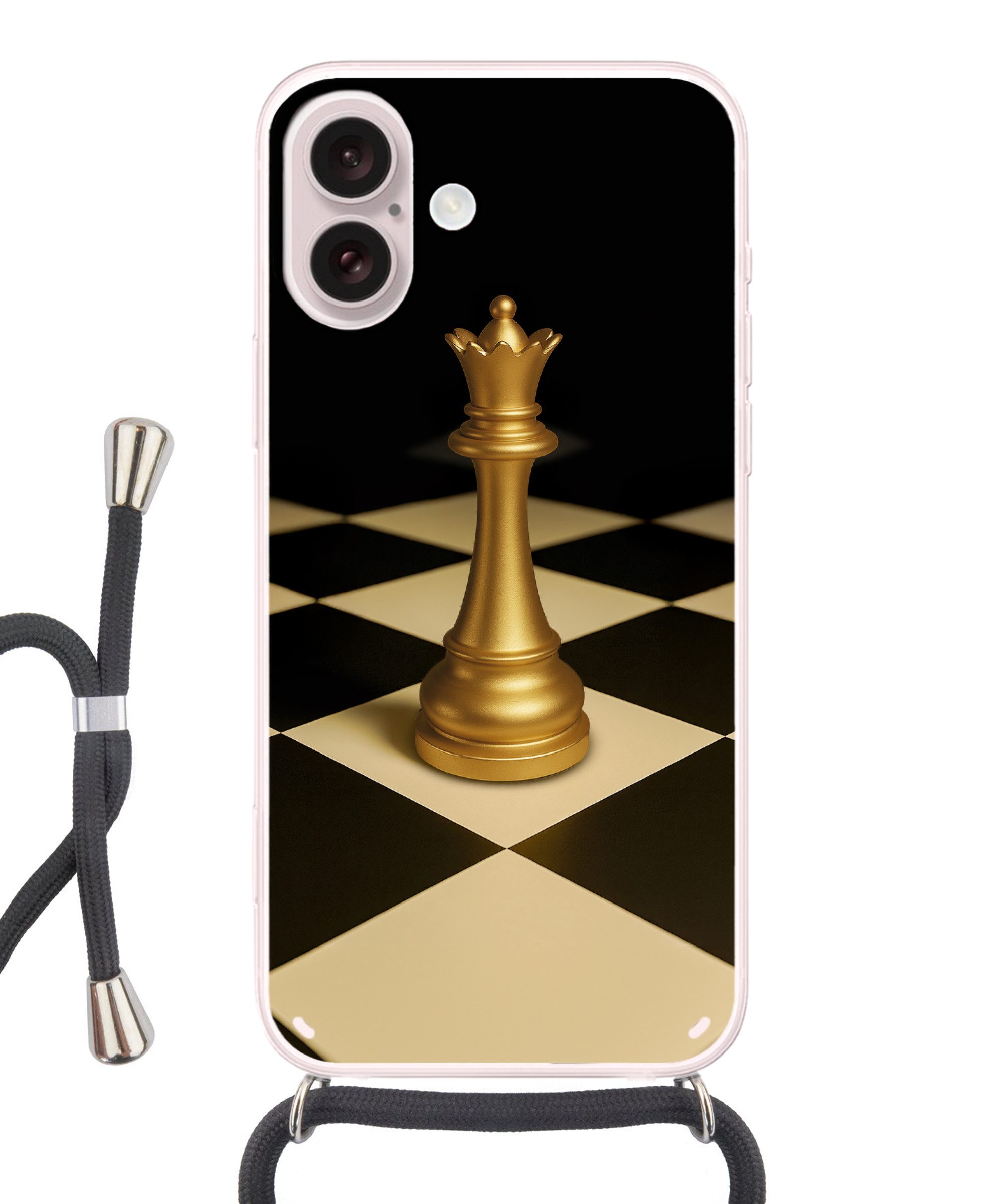 MuchoWow Handyhülle für Apple iPhone 16 Dame - Schachfigur - Blockiert - Gold, Tragbare Handyhüllen mit Kette zum umhängen, Handykette Handyband