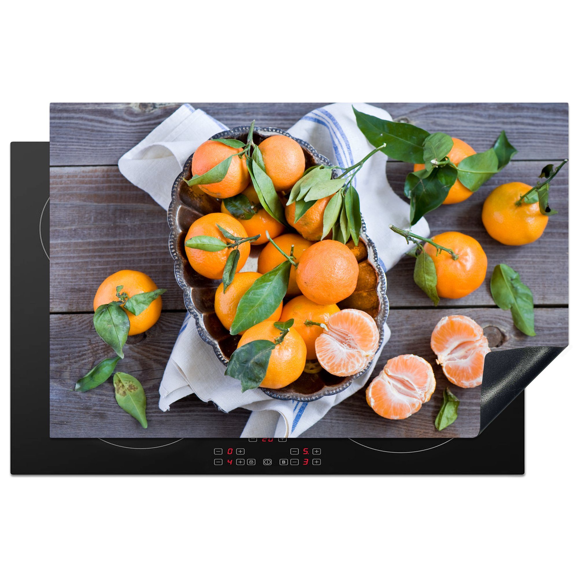 MuchoWow Herdblende-/Abdeckplatte Mandarinen auf einem Holztisch, Vinyl, (1 tlg), 81x52 cm, Induktionskochfeld Schutz für die küche, Ceranfeldabdeckung