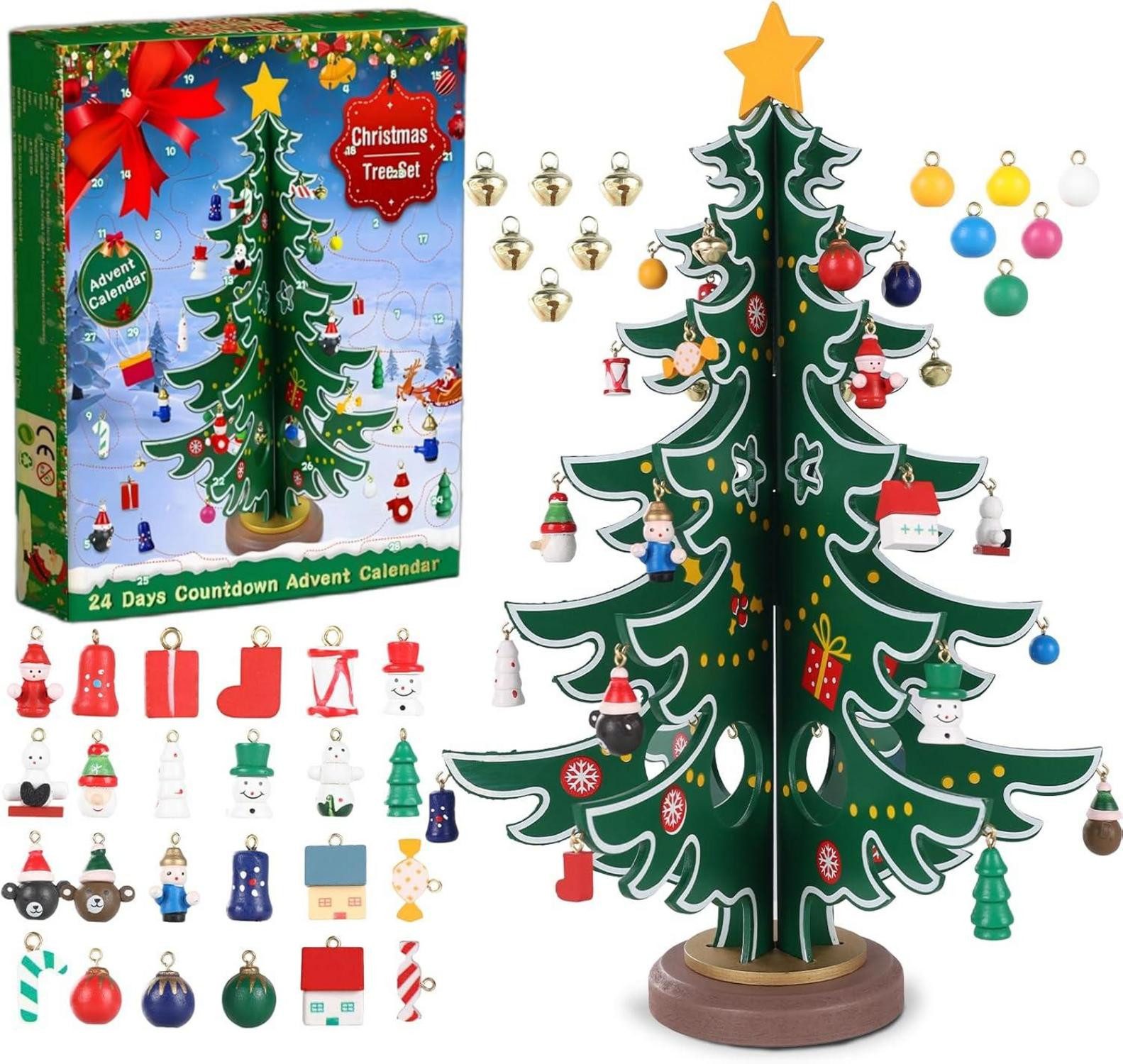 Adventskalender Adventskalender 2024 Holz Weihnachtsbaum 29 Ornamente 24 Tage