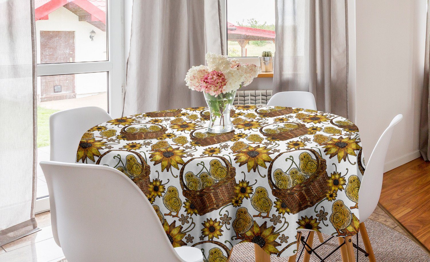 Tischdecke Gelber Küche in den Vogel für Esszimmer Körben Abakuhaus Dekoration, Kreis Hühner Abdeckung Tischdecke