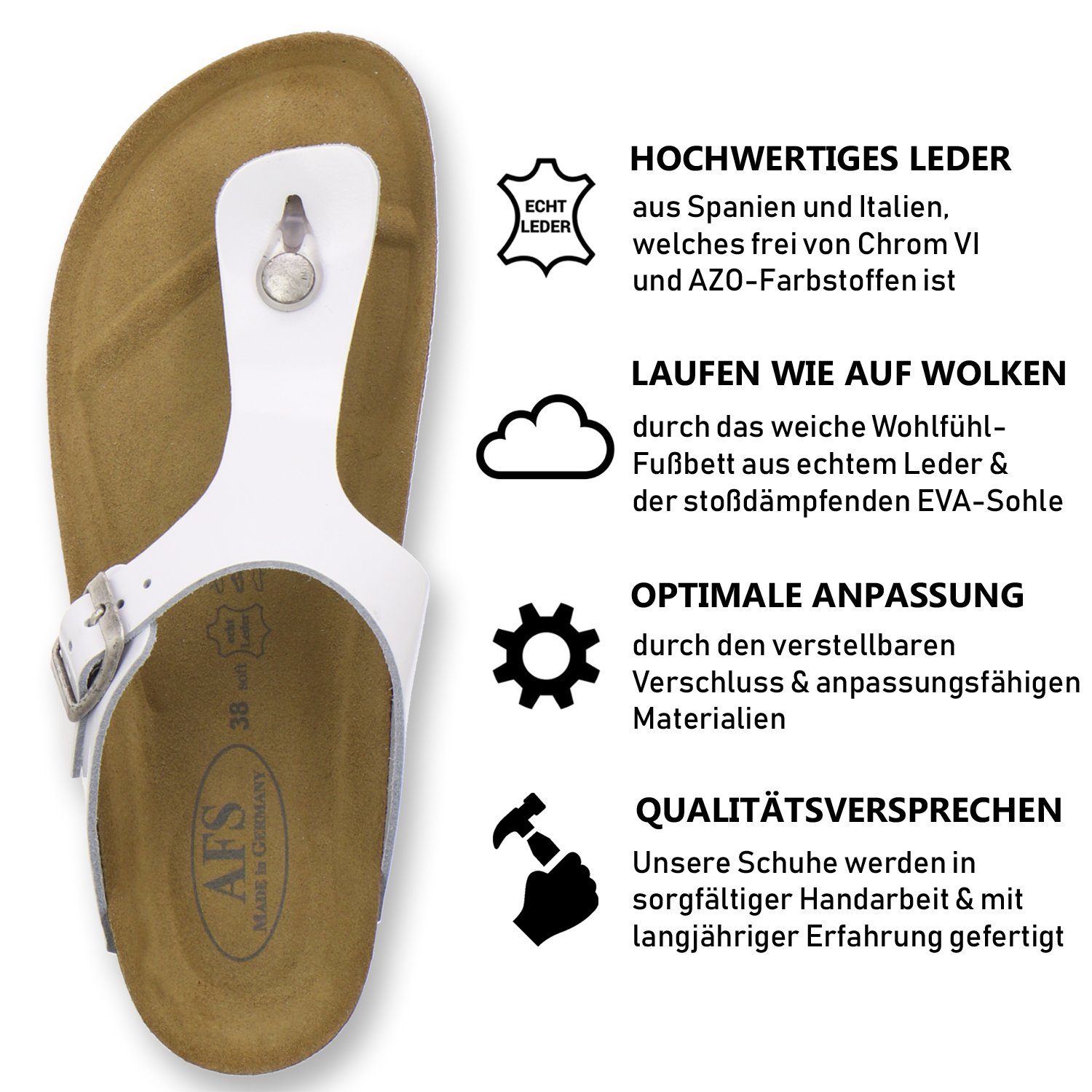 2107 für AFS-Schuhe weiss Zehentrenner in Germany Leder aus mit Damen Made Lackleder Fussbett,