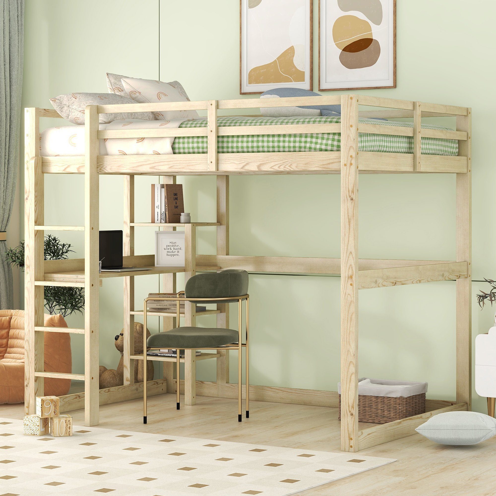 Celya Kinderbett Hochbett Bettgestell mit Stauraum, komplett aus Kiefer 140  X 200 cm, mit 4 Ablagefächern und einer Schreibtischplatte