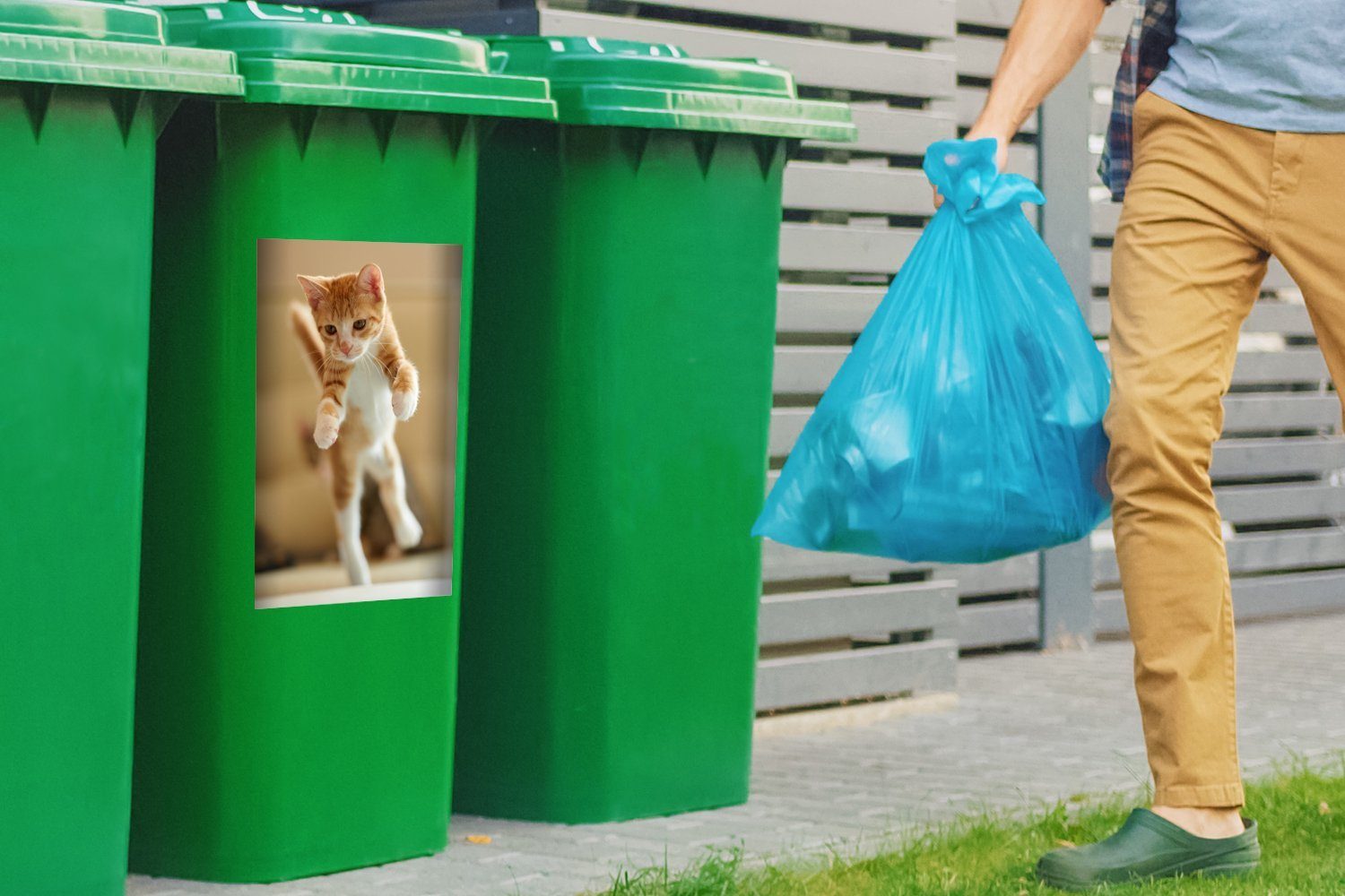 Eine Nahaufnahme Container, Kätzchens St), Mülltonne, Wandsticker springenden eines Abfalbehälter Mülleimer-aufkleber, (1 Sticker, MuchoWow