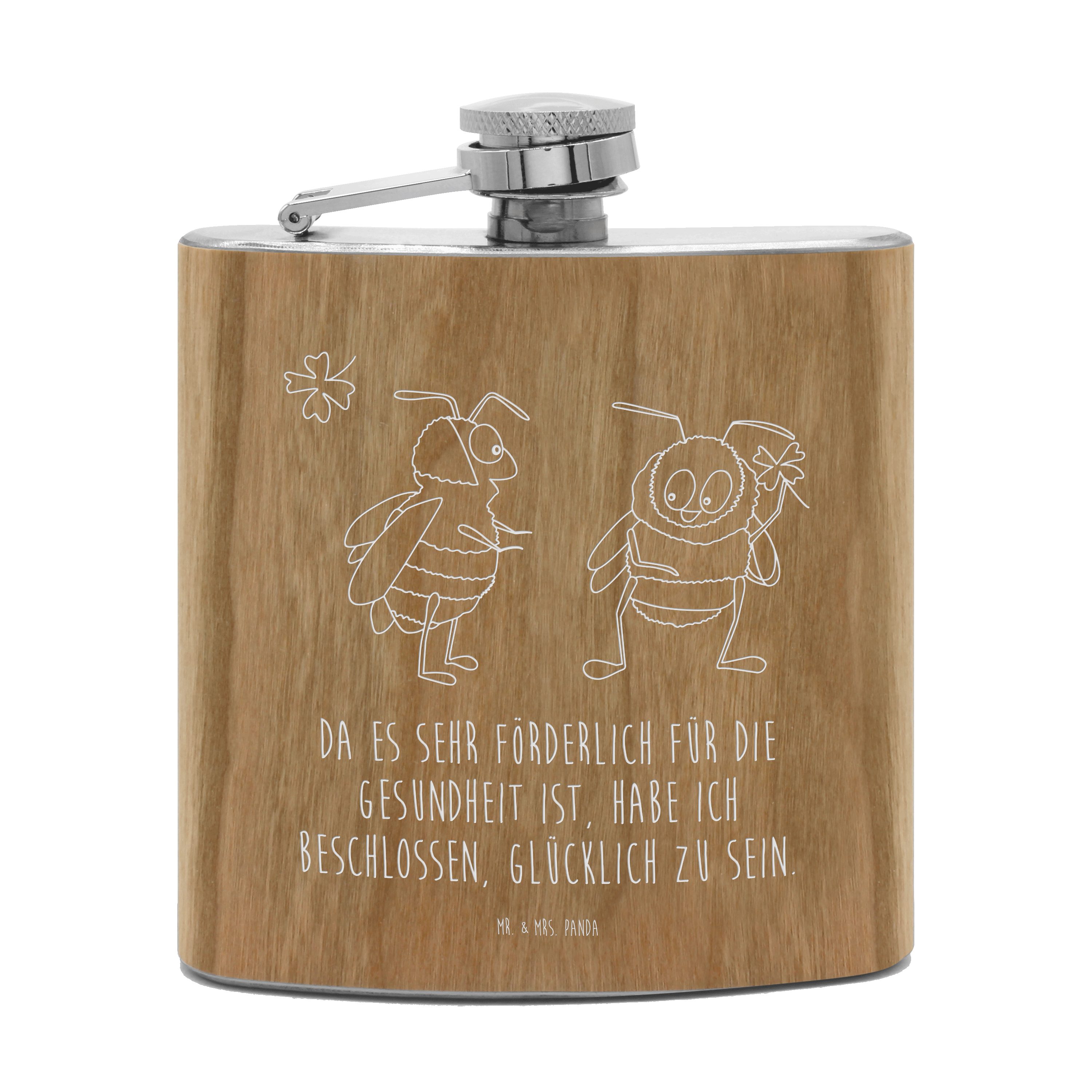 Mr. & Mrs. Panda Flachmann Hummeln Kleeblatt - Transparent - Geschenk, Spruch fröhlich, Edelstah, Elegante Holzlaminat-Oberfläche