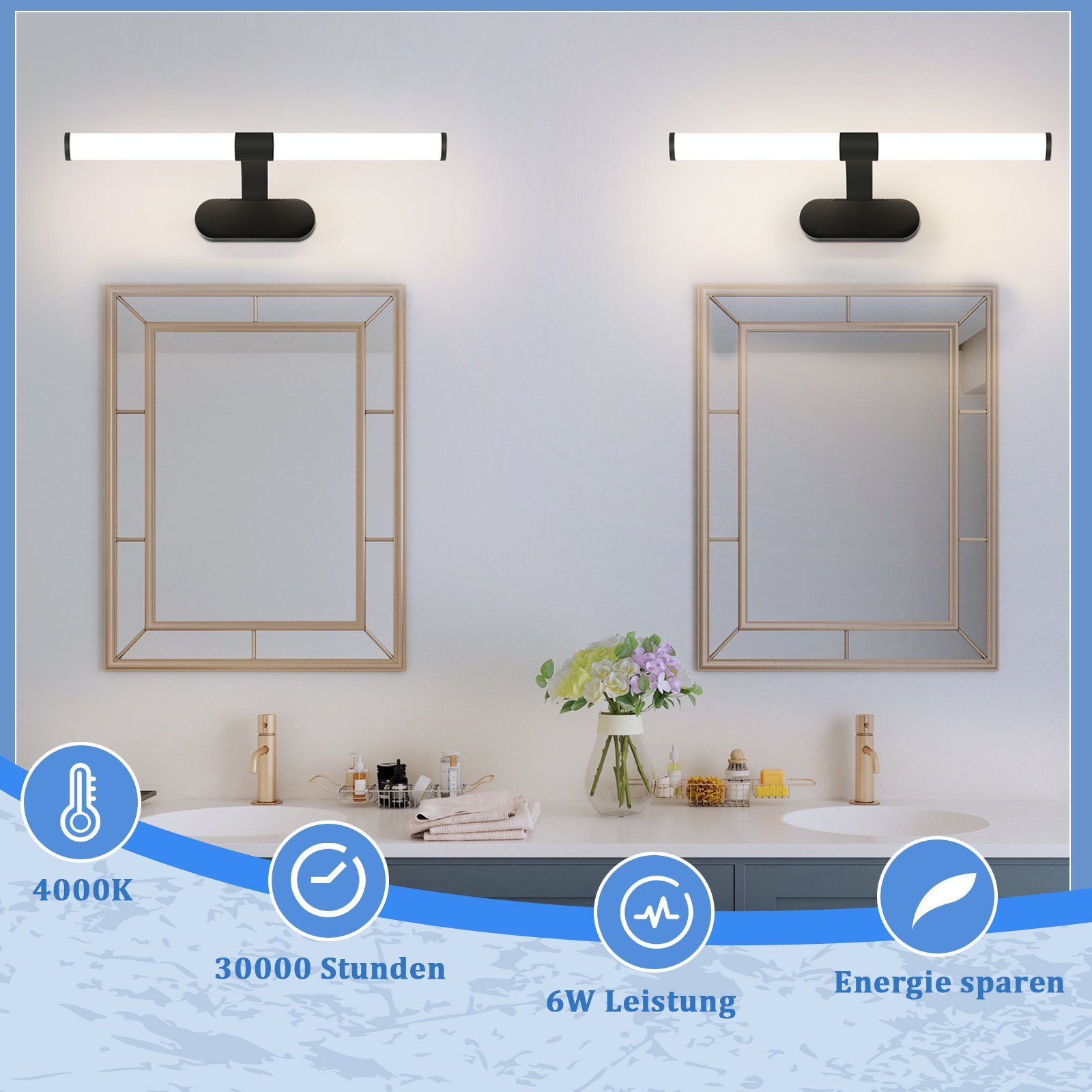 LED 40cm IP44, Nettlife Spiegellampe für Badleuchte Neutralweiß, Bad Küche integriert, Spiegelleuchte Badschrank, Schwarz Wasserdicht Wandleuchte 6W, Badezimmer LED fest Badlampe, Wandlampe Keller