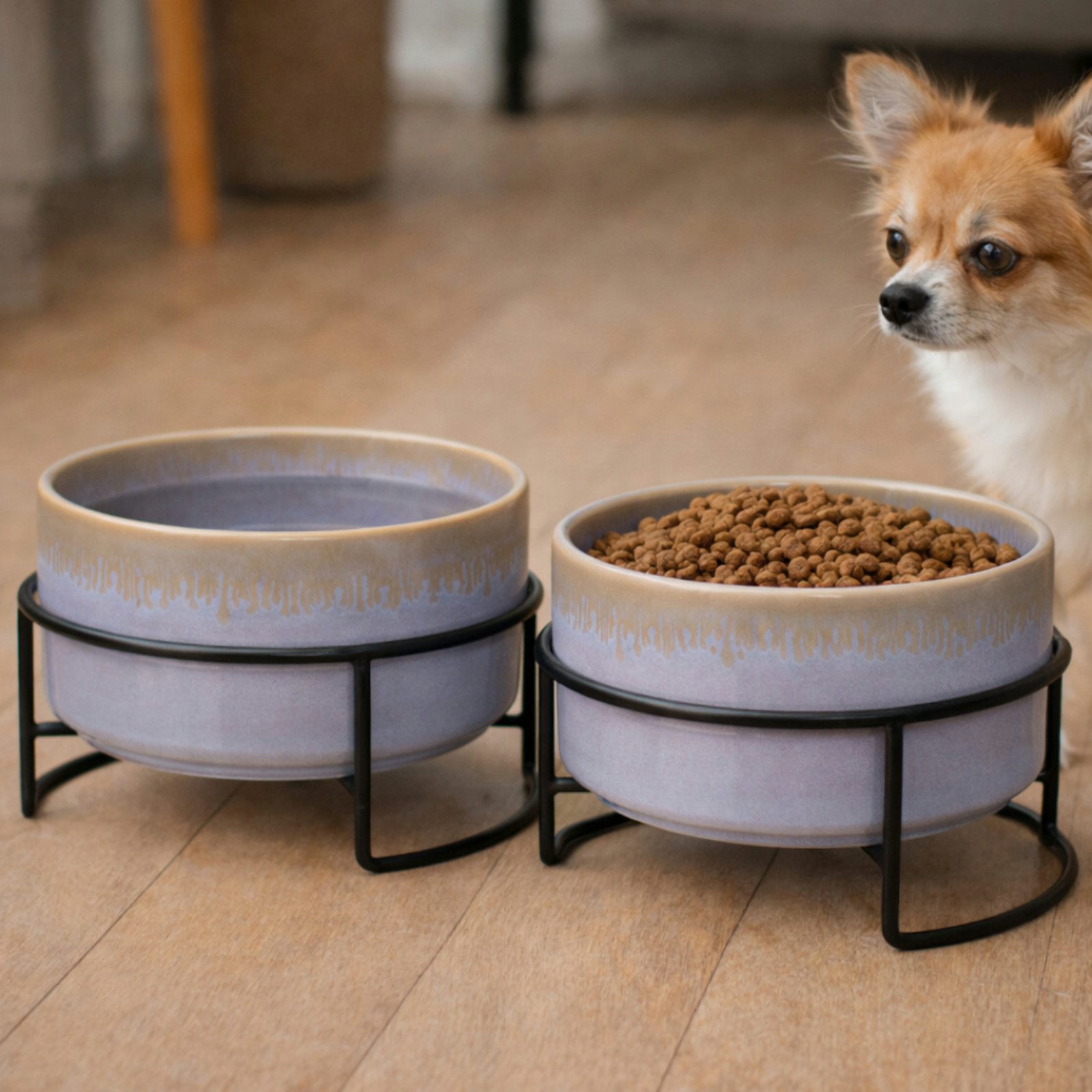 Koopman Futternapf Hundenapf Katzennapf Fressnapf 17x10cm Keramik 2er Set, Keramik, Hellblau / Grau, Keramik, 1 Liter je Napf, Metall, Standsicher