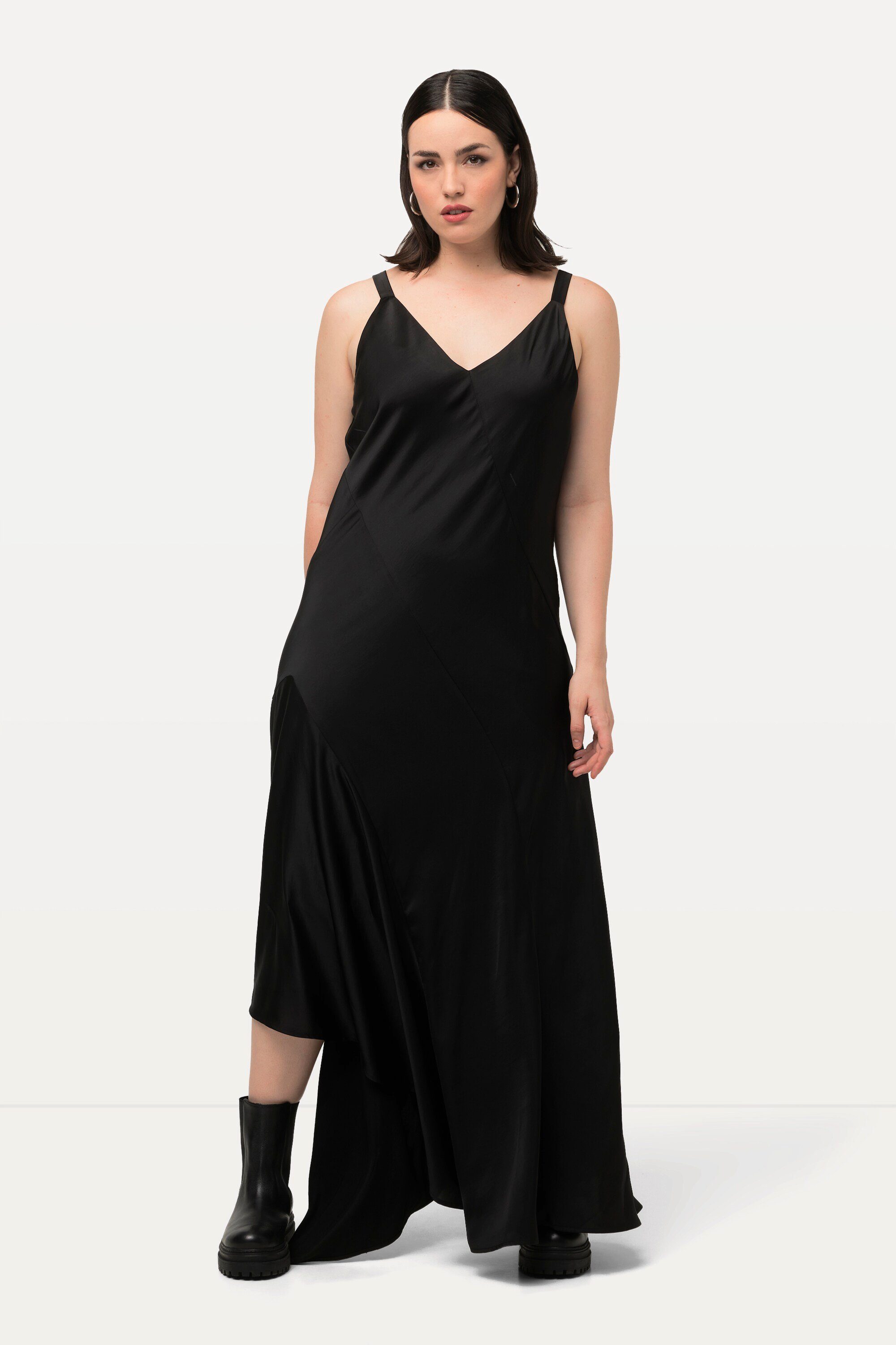 Ulla Popken Cocktailkleid Satin-Maxikleid A-Linie V-Ausschnitt ärmellos