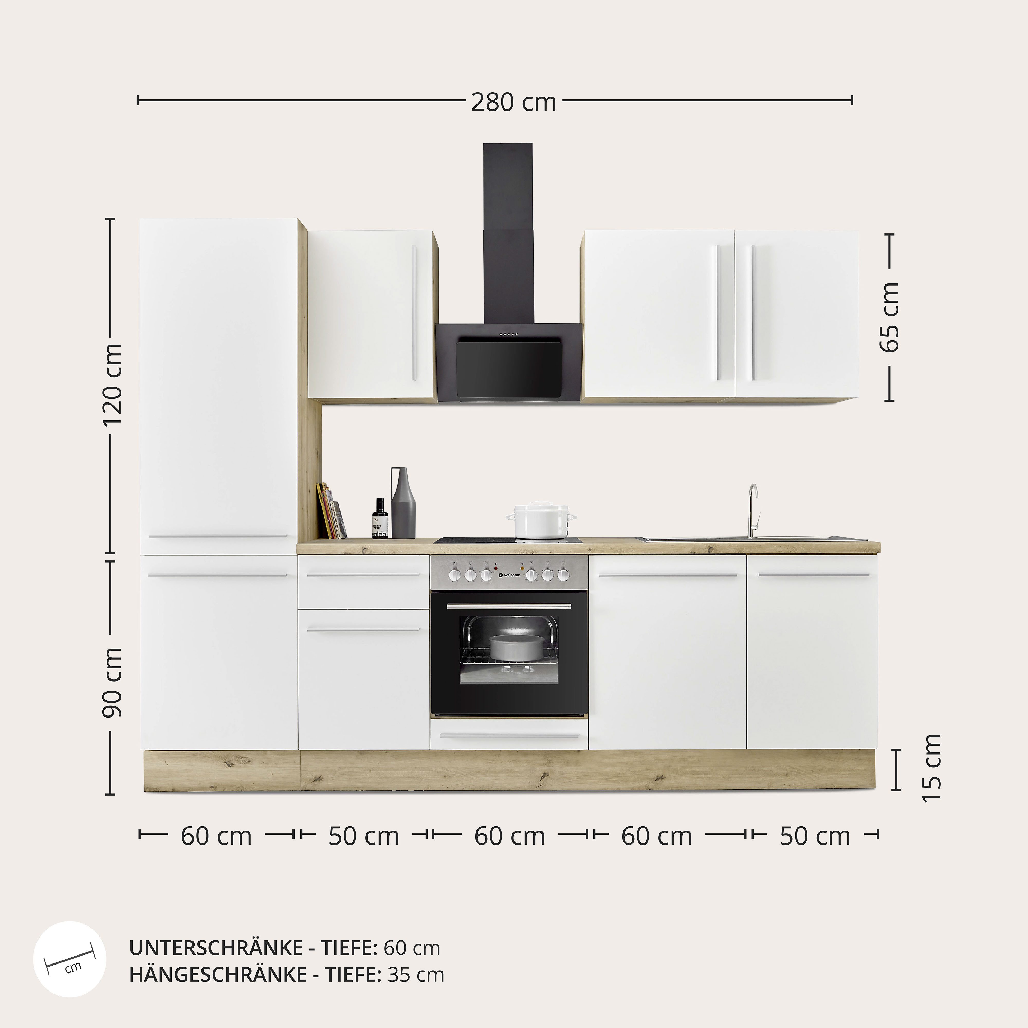 KOCHSTATION Küchenzeile KS-Florida mit 38mm starker Arbeitsplatte, Breite 280 cm, wahlweise mit E-Geräten, Soft-Close-Funktion