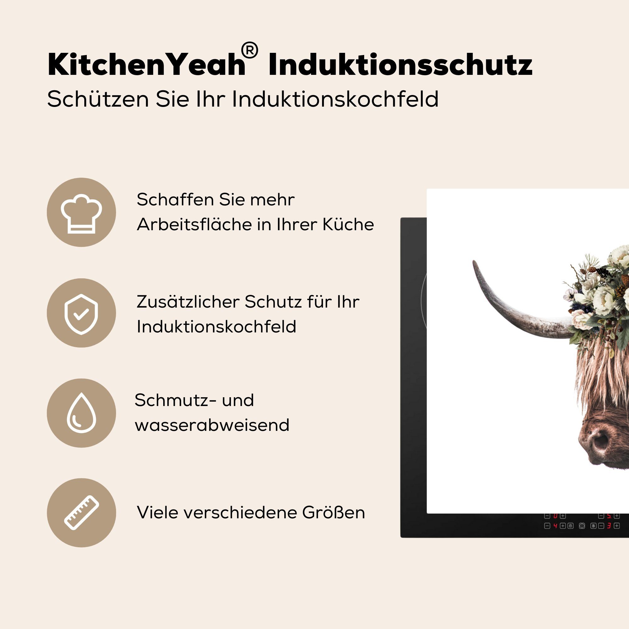 MuchoWow Herdblende-/Abdeckplatte Schottischer Highlander - cm, Blätter Arbeitsplatte tlg), Vinyl, Ceranfeldabdeckung, - 78x78 Hörner, (1 für küche