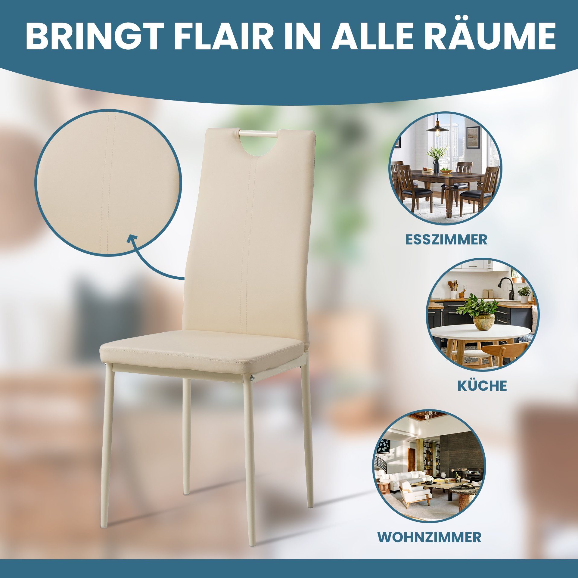 Albatros International Esszimmerstuhl Esszimmer Stühle 4 er Set SALERNO, Stuhl Stühle Esszimmerstühle, Küche (6er Set, Beige, Kunstleder Bezug), Küchenstuhl Küc – Bild 4 von 5