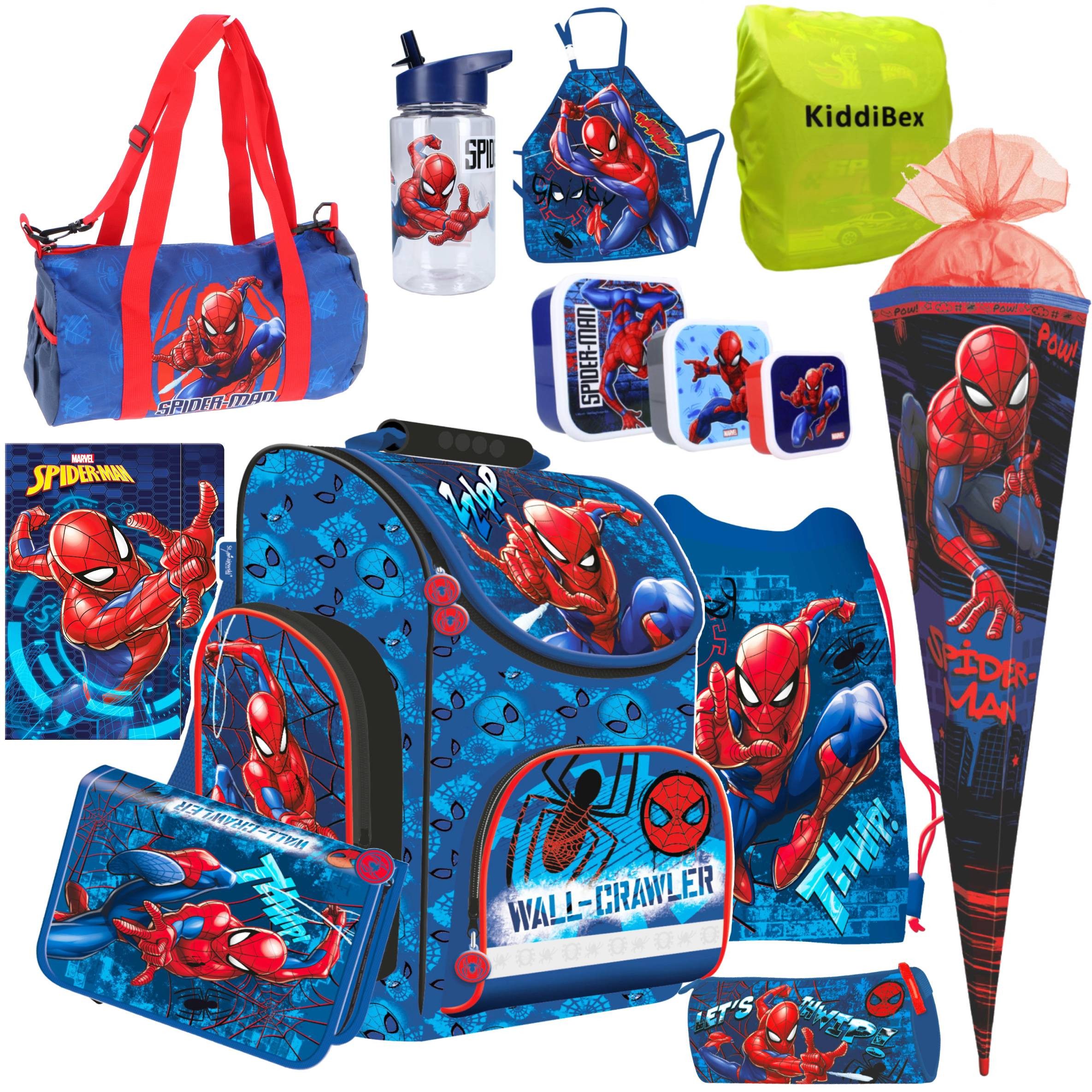 KiddiBex Schulranzen Spiderman 5tlg. oder 13tlg. (Set, 05-tlg., Tornister, Mäppchen, Turnbeutel & Regenschutz), Jungen 1. Klasse - Grundschule Ranzen - Ergonomischer Schulrucksack