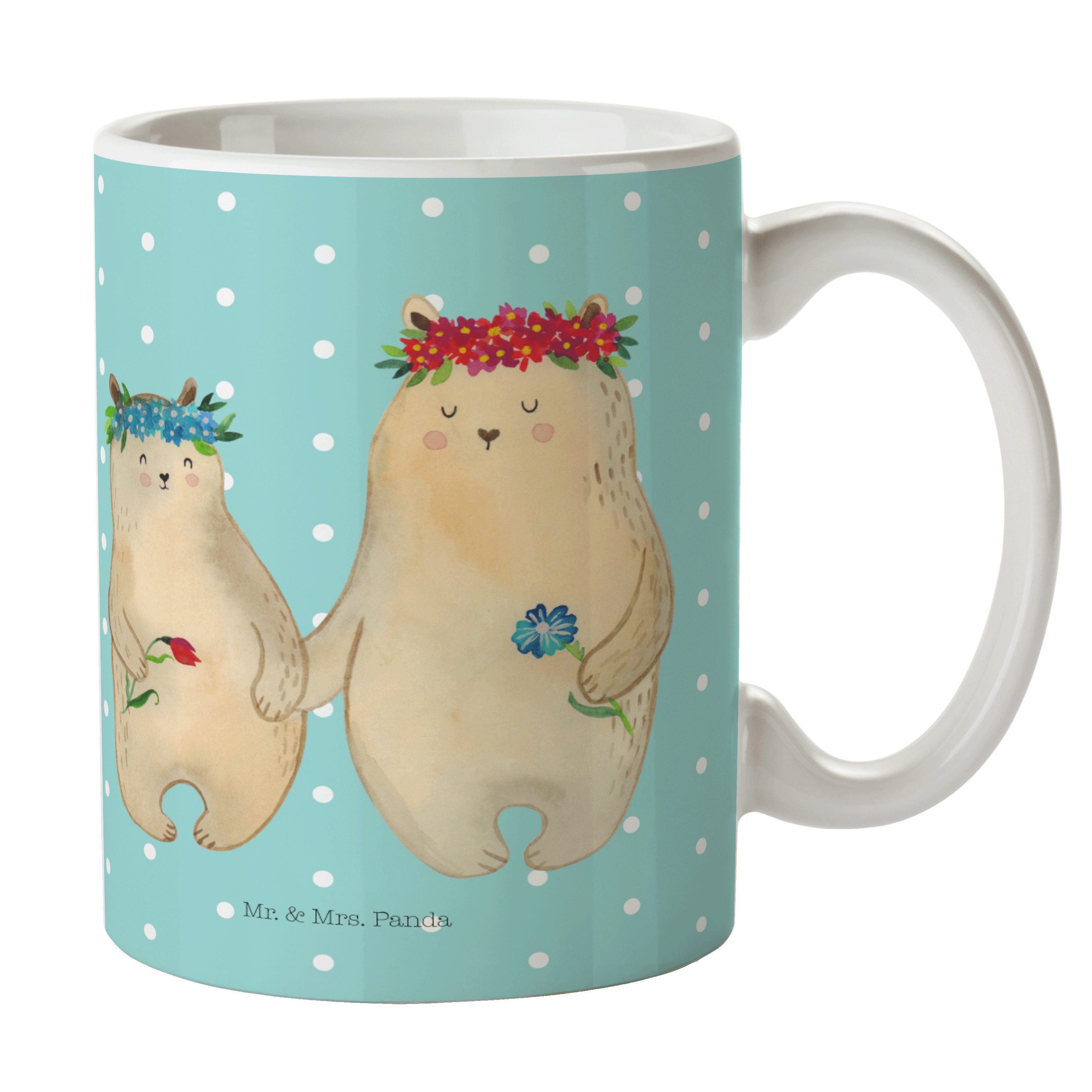 Mr. & Mrs. Panda Tasse Bären mit Blumenkranz - Türkis Pastell - Geschenk, Geschenk Mama. Mut, Keramik